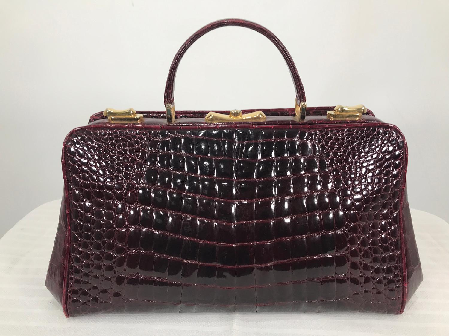 Black Vintage 1970s Glazed Burgundy Alligator Satchel with Gold Hardware