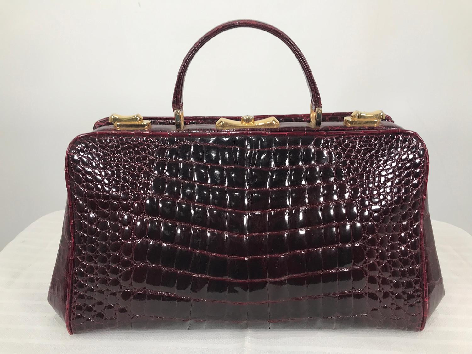 Black Vintage 1970s Glazed Burgundy Alligator Satchel with Gold Hardware 