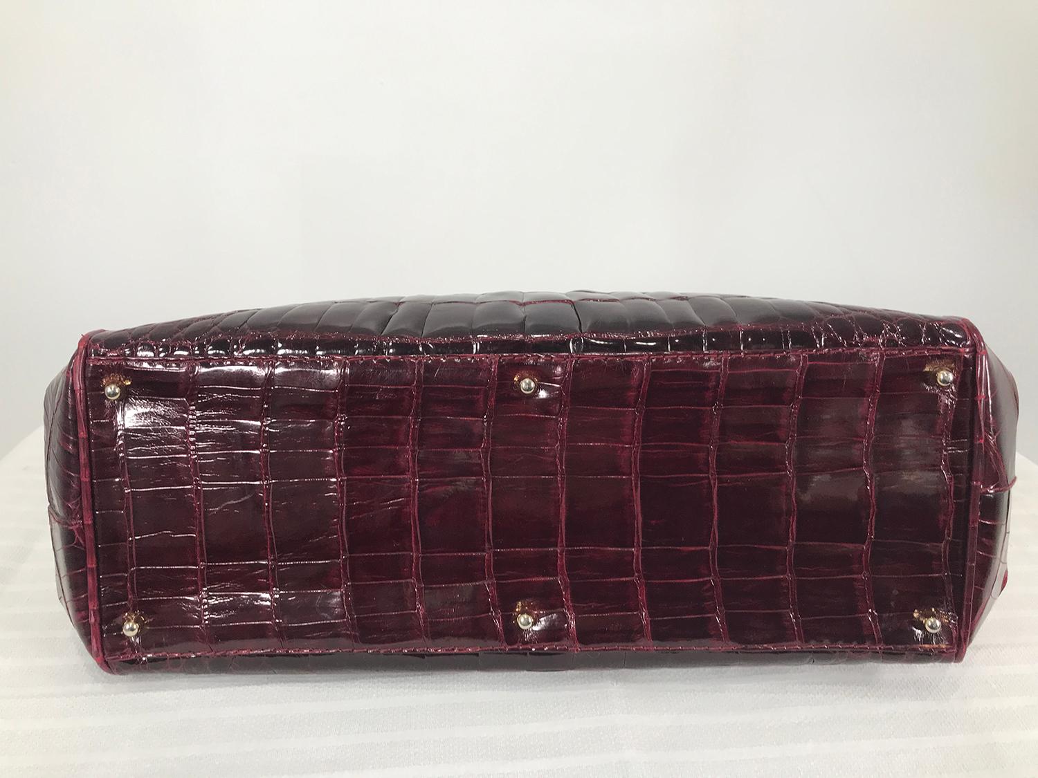 Vintage 1970s Glazed Burgundy Alligator Satchel with Gold Hardware  In Good Condition In West Palm Beach, FL