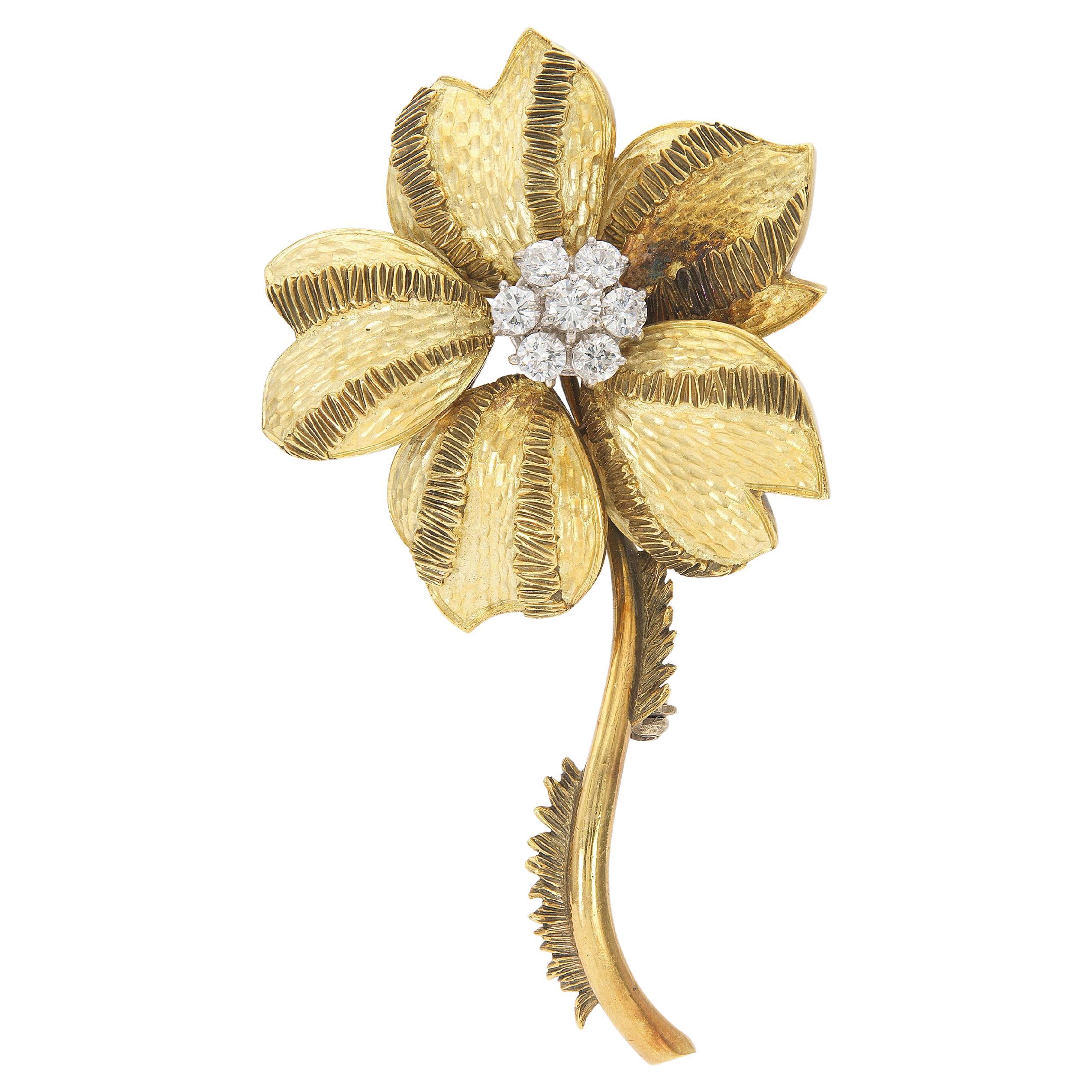 Vintage 1970s Gold and 1.15 Carat Diamond Flower Brooch