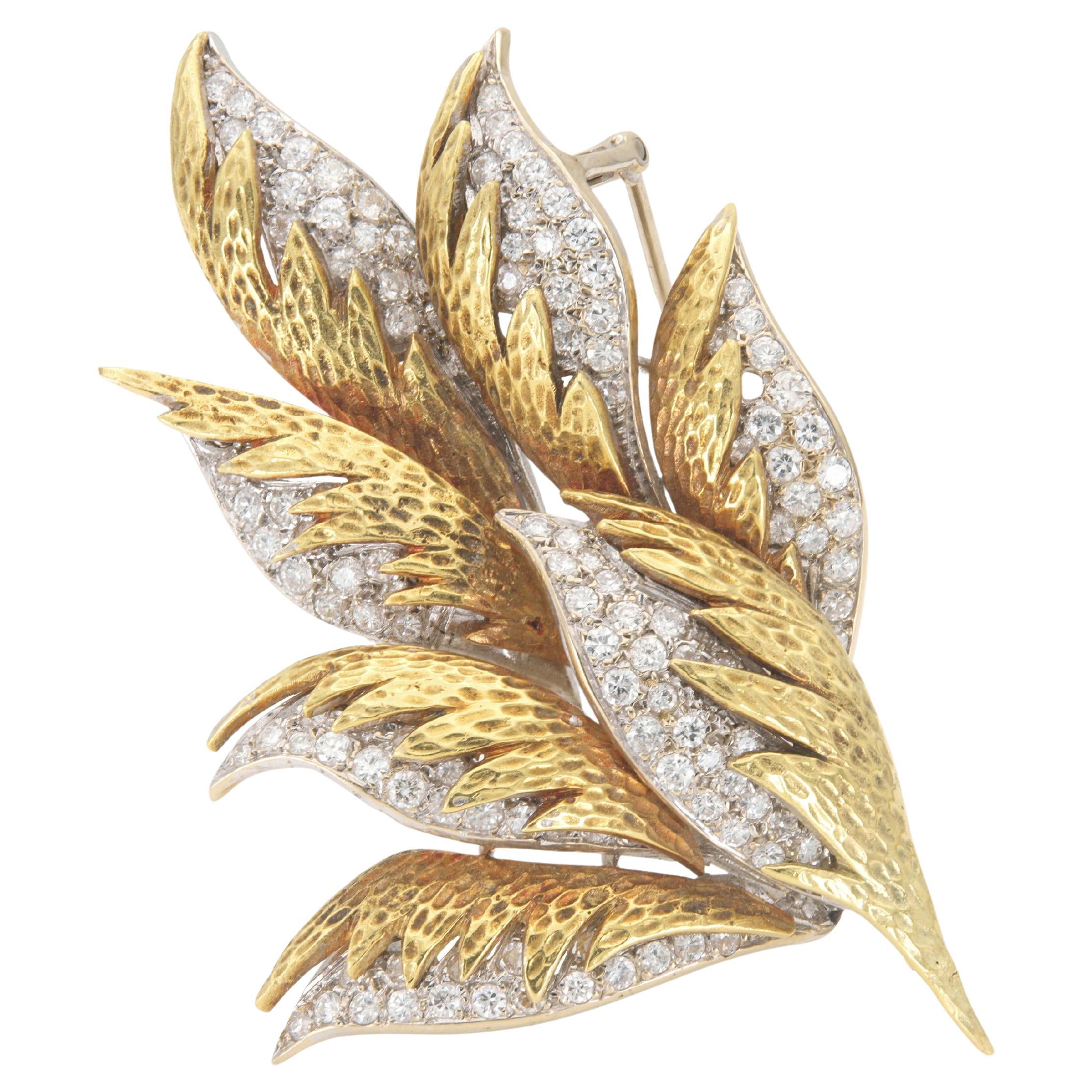 Vintage 1970s Gold and 4.00 Carat Diamond Leaves Brooch