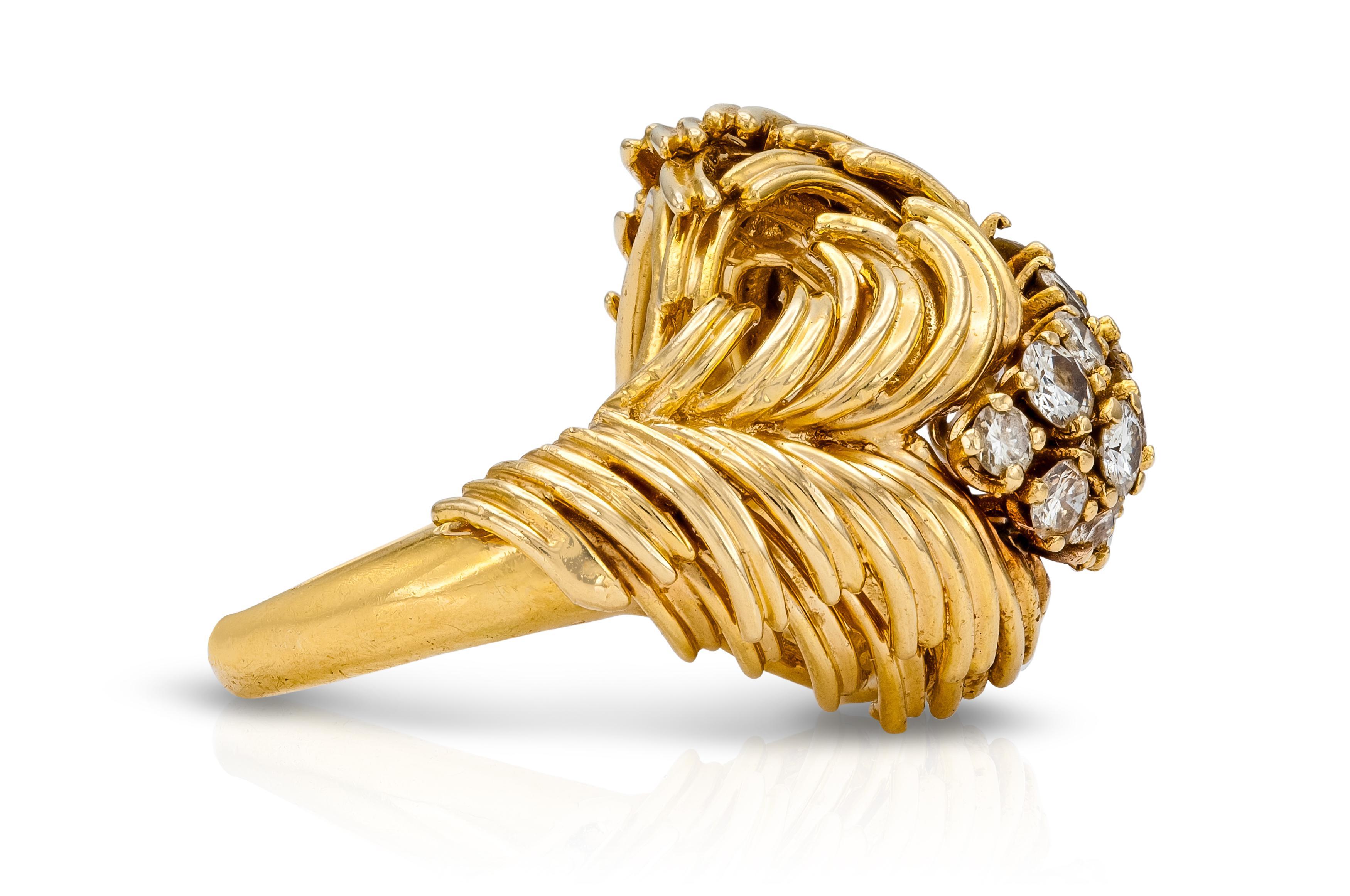 Round Cut Vintage 1970s Gold and Diamond Feather Design Domed Ring For Sale