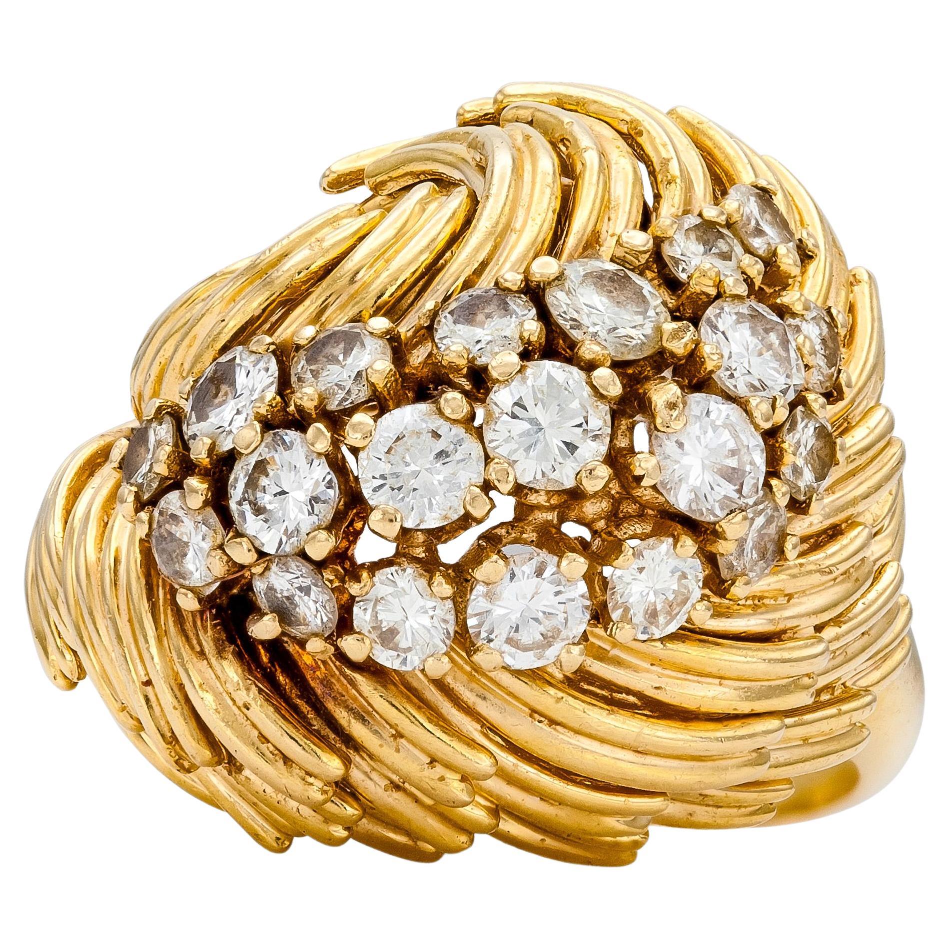Vintage 1970s Gold and Diamond Feather Design Domed Ring For Sale