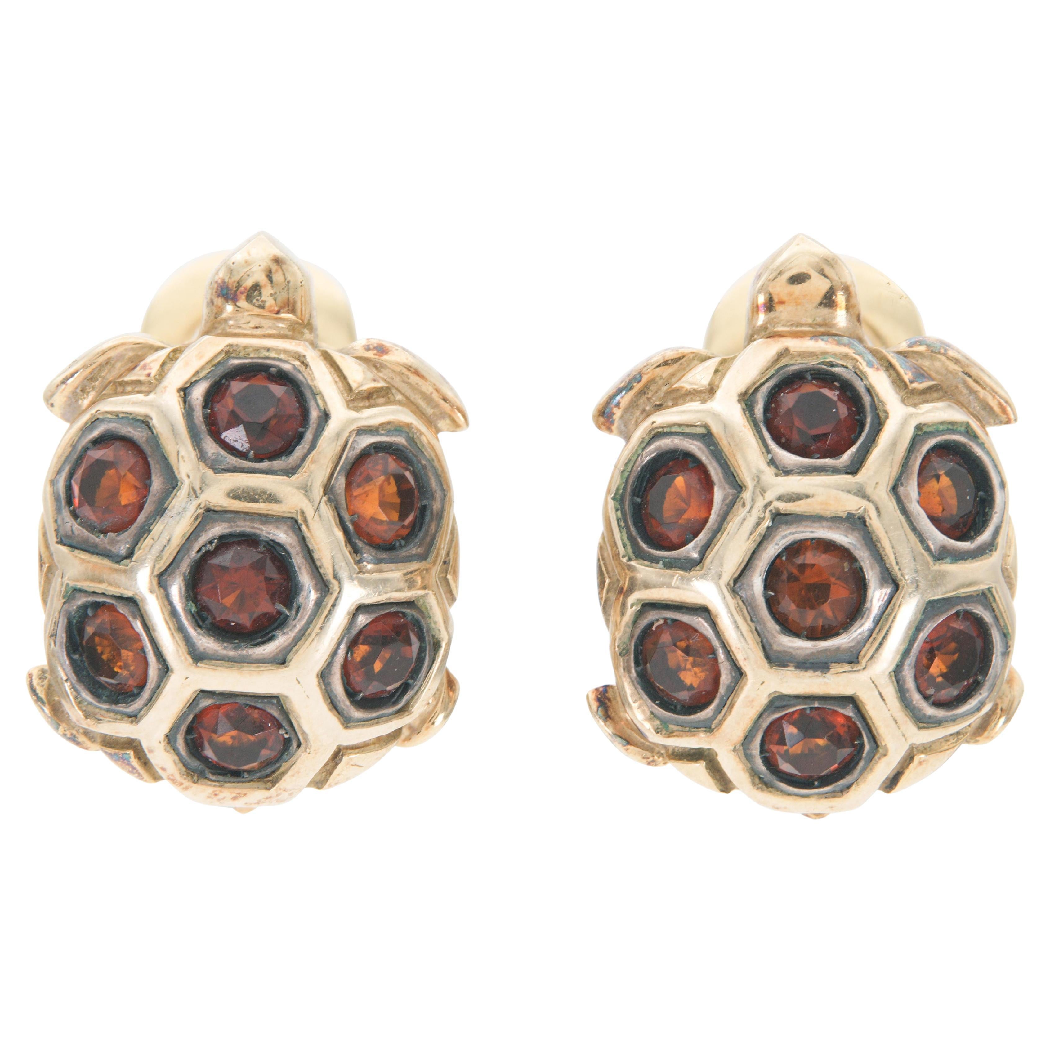 Vintage 1970s Gold and Garnet Turtle Earrings For Sale