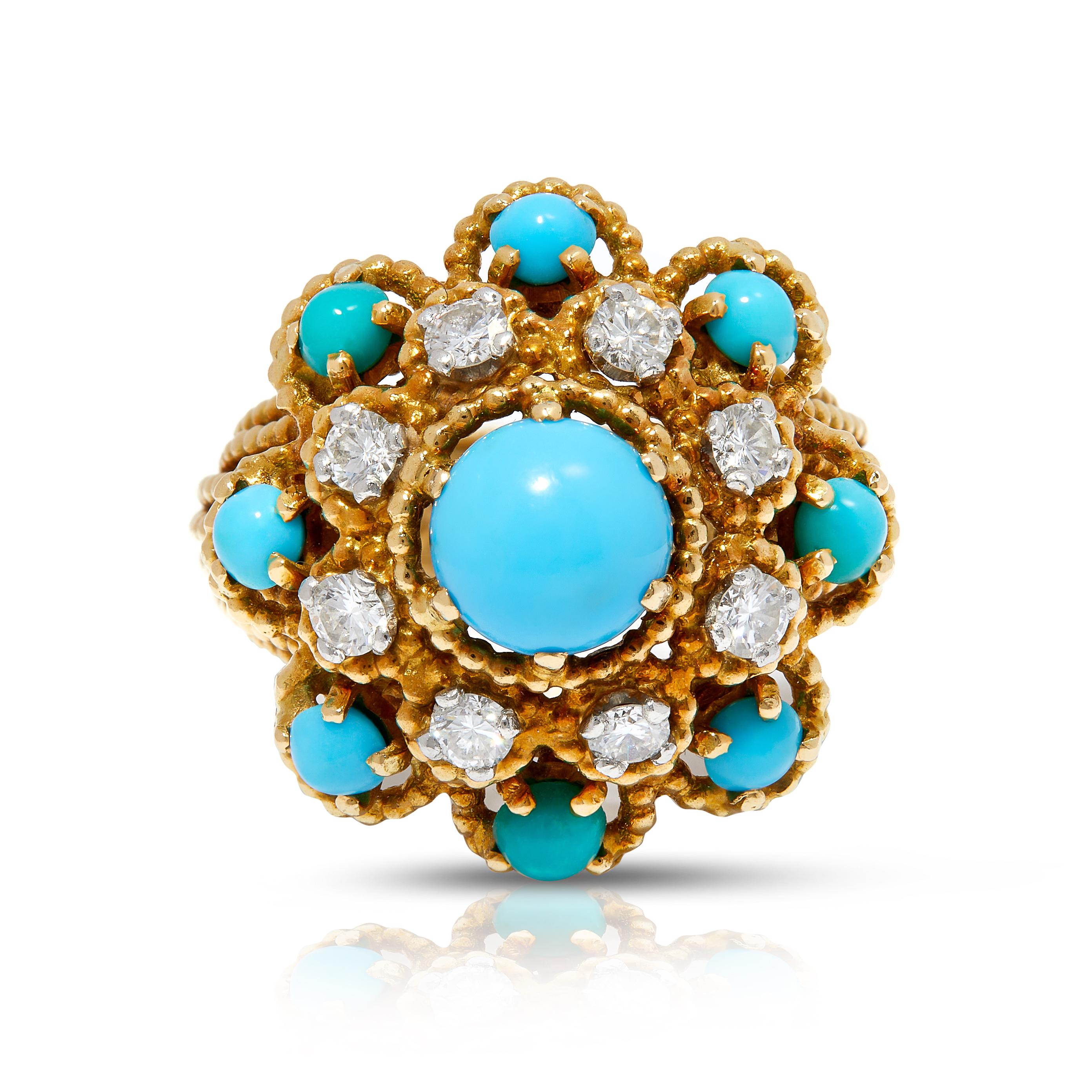 Brilliant Cut Vintage 1970s Gold Bombé Dress Ring with Turquoise and Diamonds For Sale