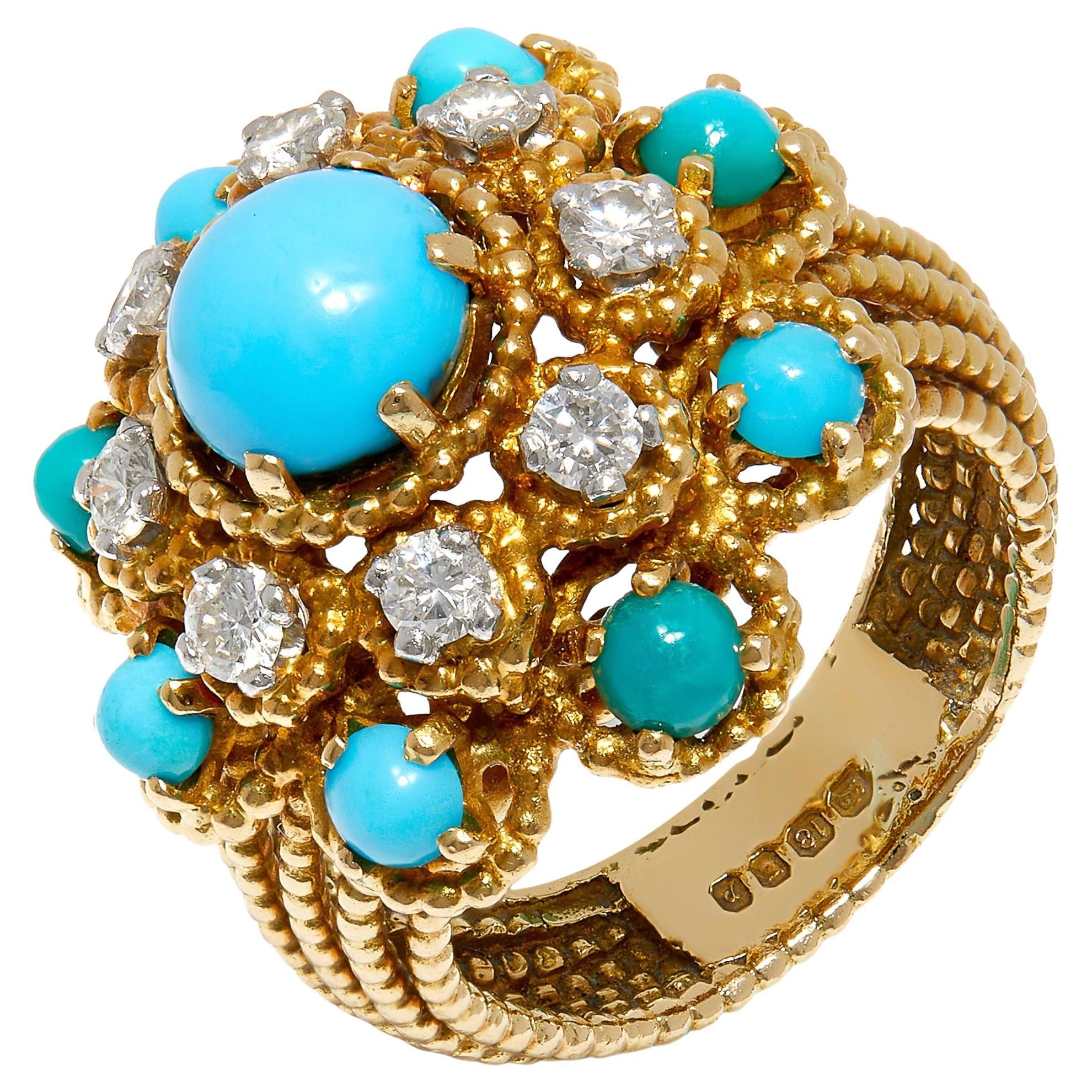 Vintage 1970s Gold Bombé Dress Ring with Turquoise and Diamonds (bague de robe en or bombé avec turquoise et diamants) en vente