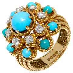 Vintage 1970s Gold Bombé Dress Ring with Turquoise and Diamonds