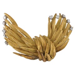 Vintage 1970s Gold Feathers Brooch with Diamonds