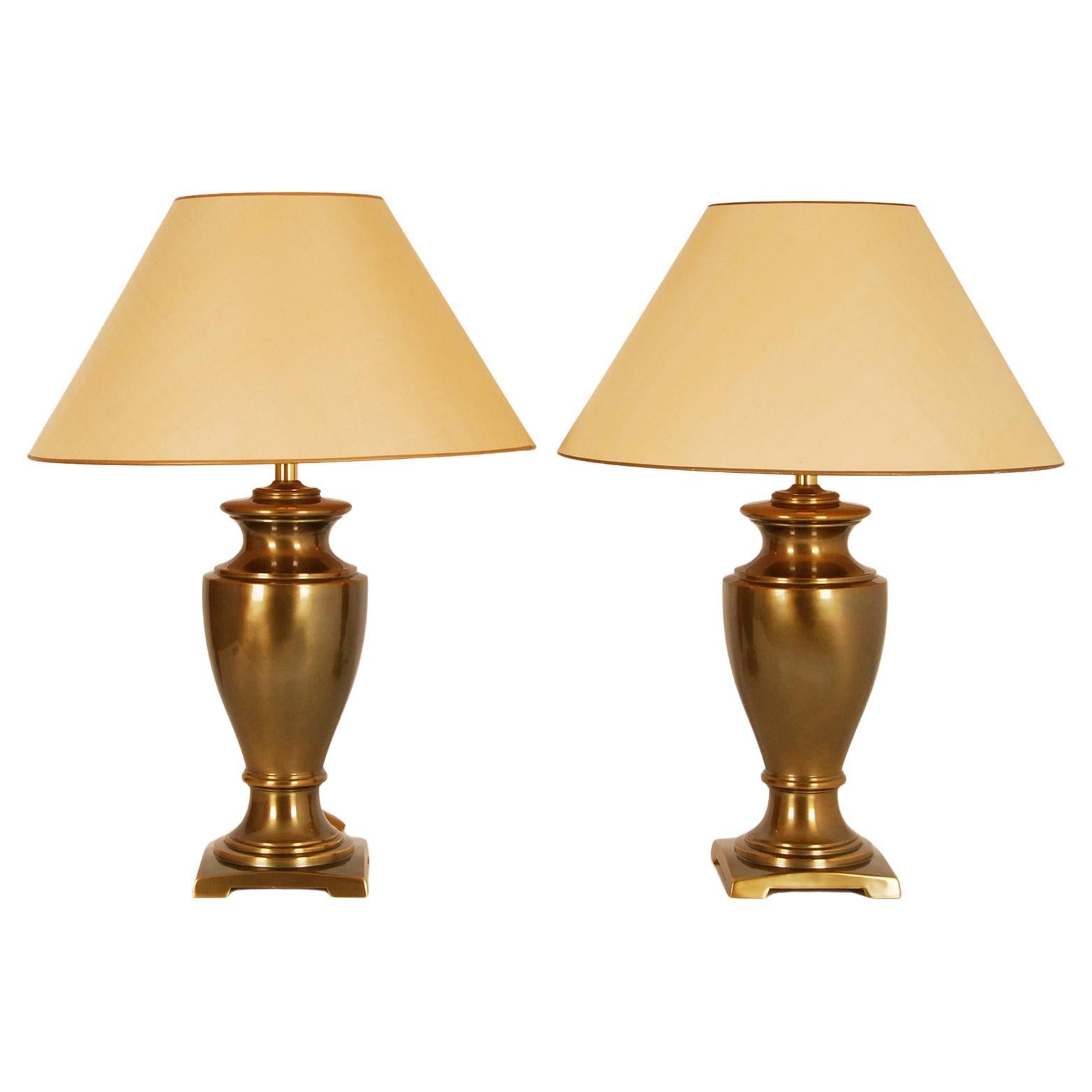 Vintage 1970s Gold Gilt Brass Neoclassical Vase Table Lamps, a Pair