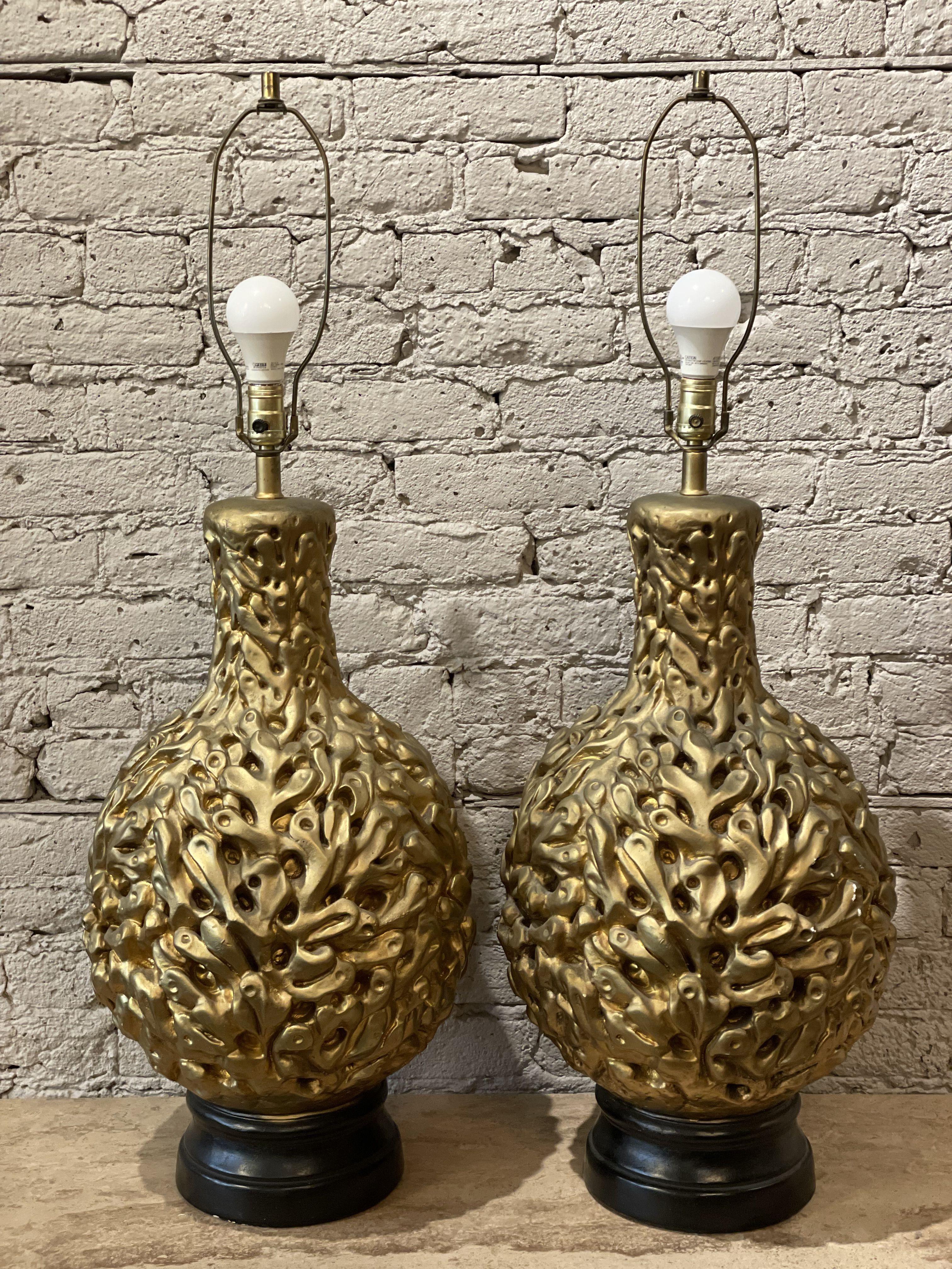 Super fun lamps! Statement piece to say the least. The intricate movement made of plaster and hand painted gold catches the light to add even more interest. Gorgeous!
The height is 27” to the top of socket and 40” to top of harp. 