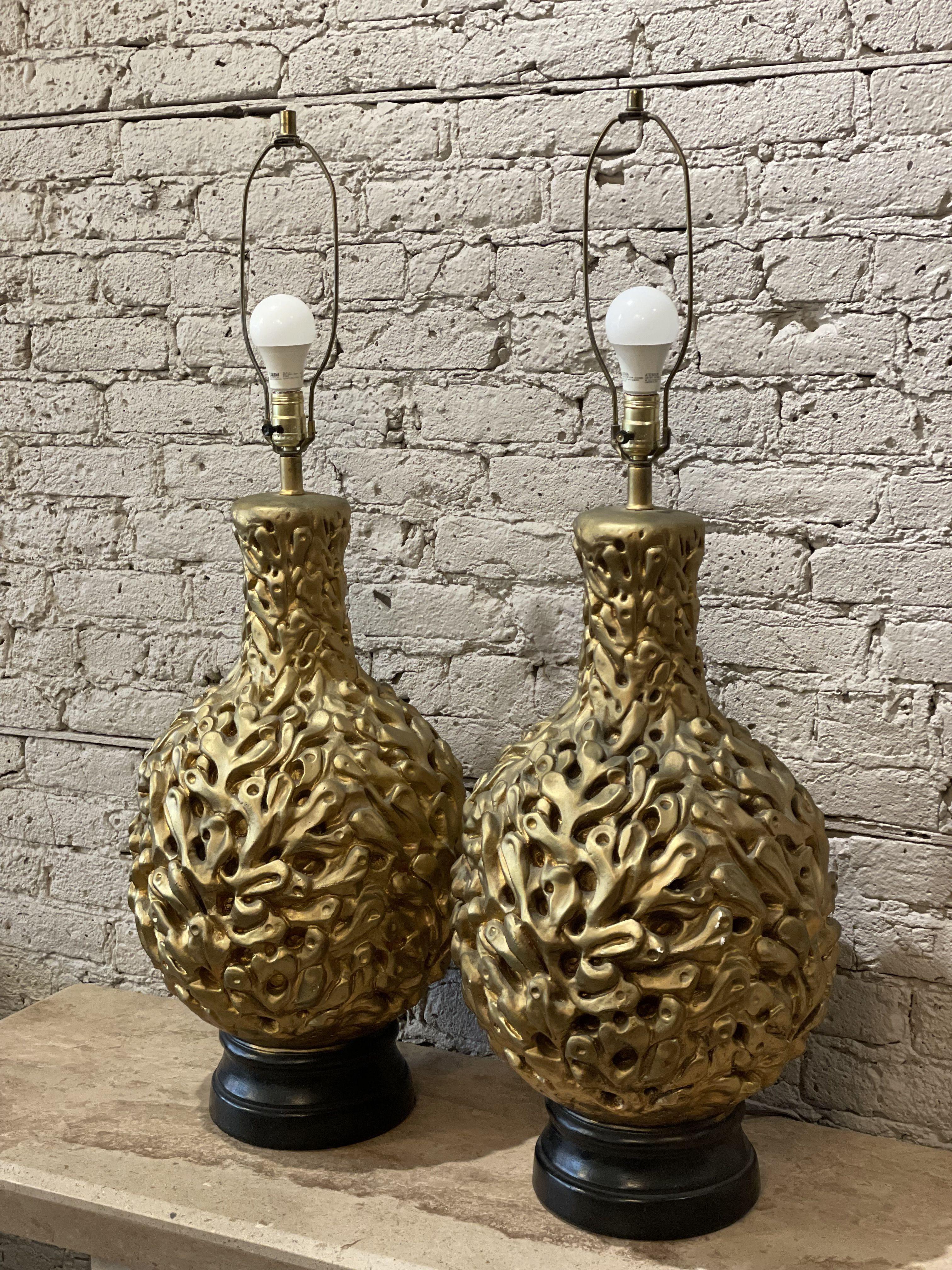 Hollywood Regency Mid Century Vintage 1970s Gold Gilt Huge Lamps - a Pair For Sale