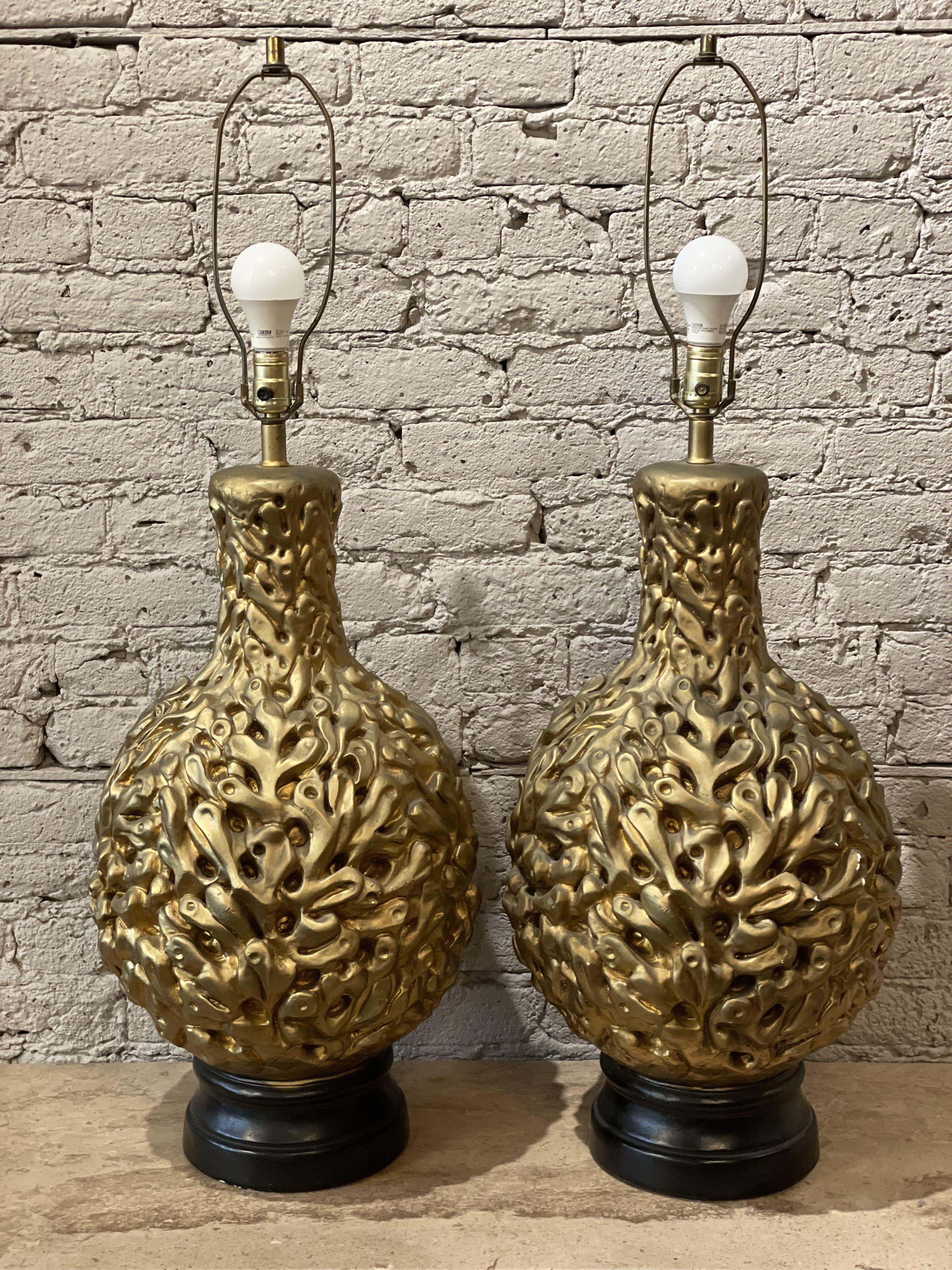 Late 20th Century Mid Century Vintage 1970s Gold Gilt Huge Lamps - a Pair For Sale