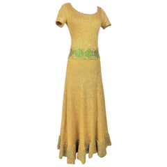 Abito da festa vintage degli anni '70 in maglia lurex verde dorato con scollo a barchetta