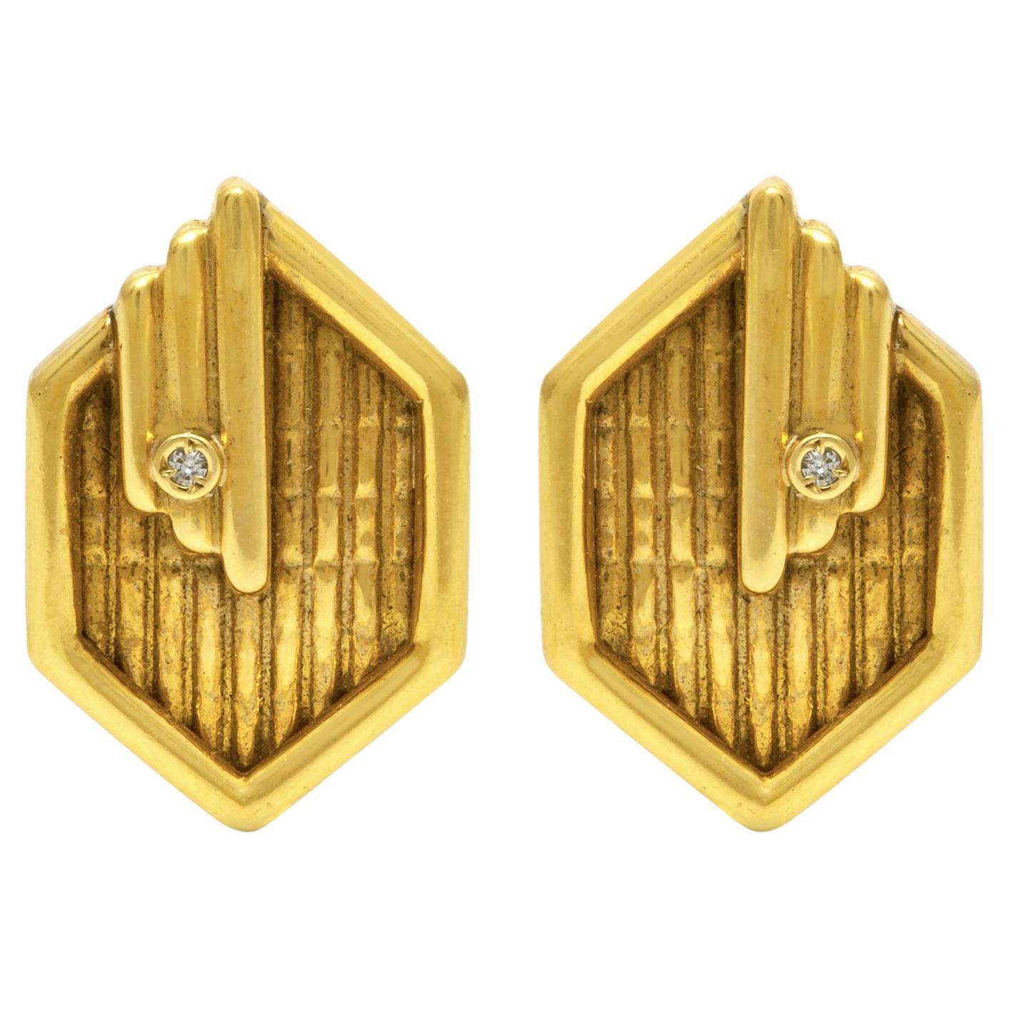 Vintage 1970s Gold Hexagonal Cufflinks with Diamonds