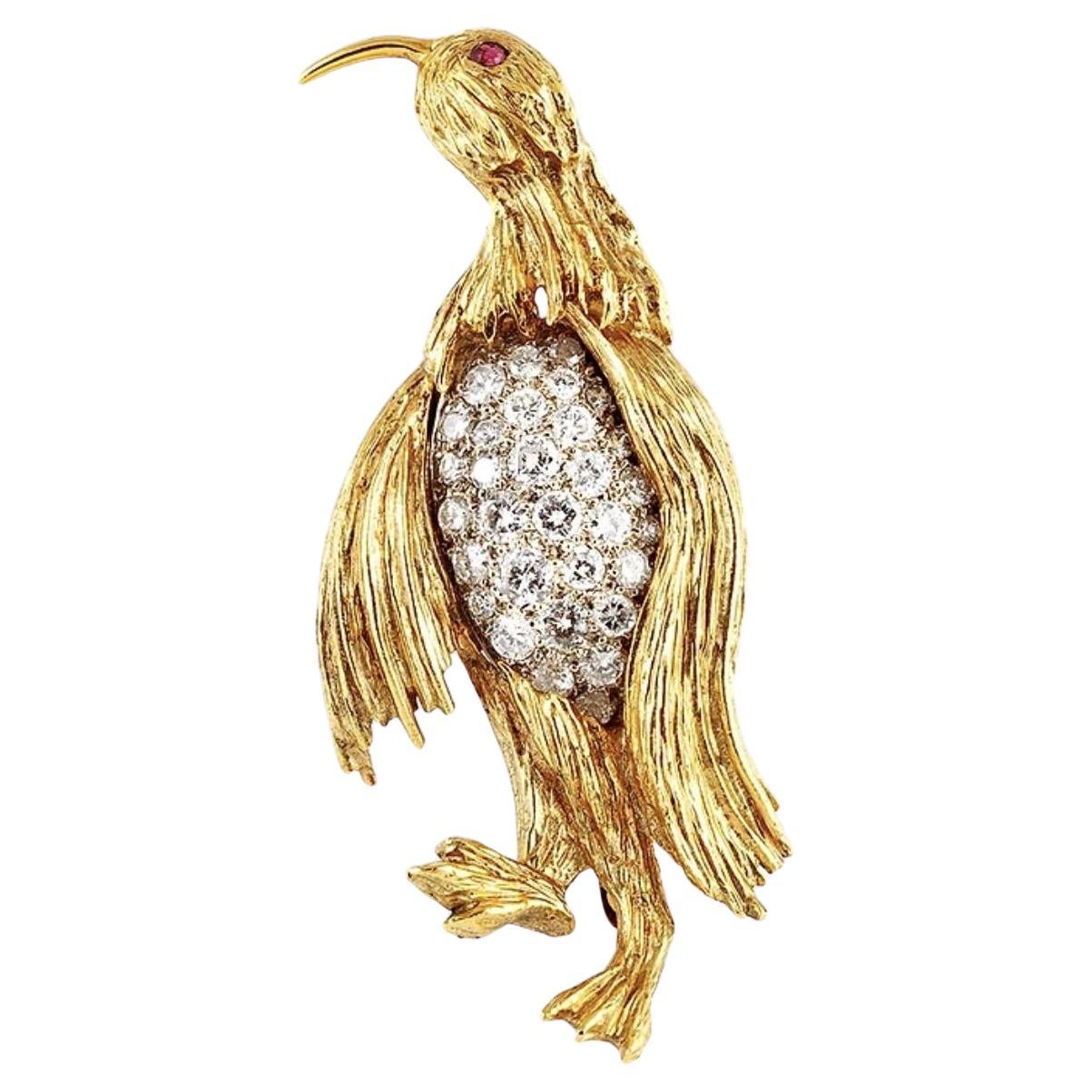 Vintage 1970s Gold Penguin Brooch with Diamonds and a Ruby For Sale
