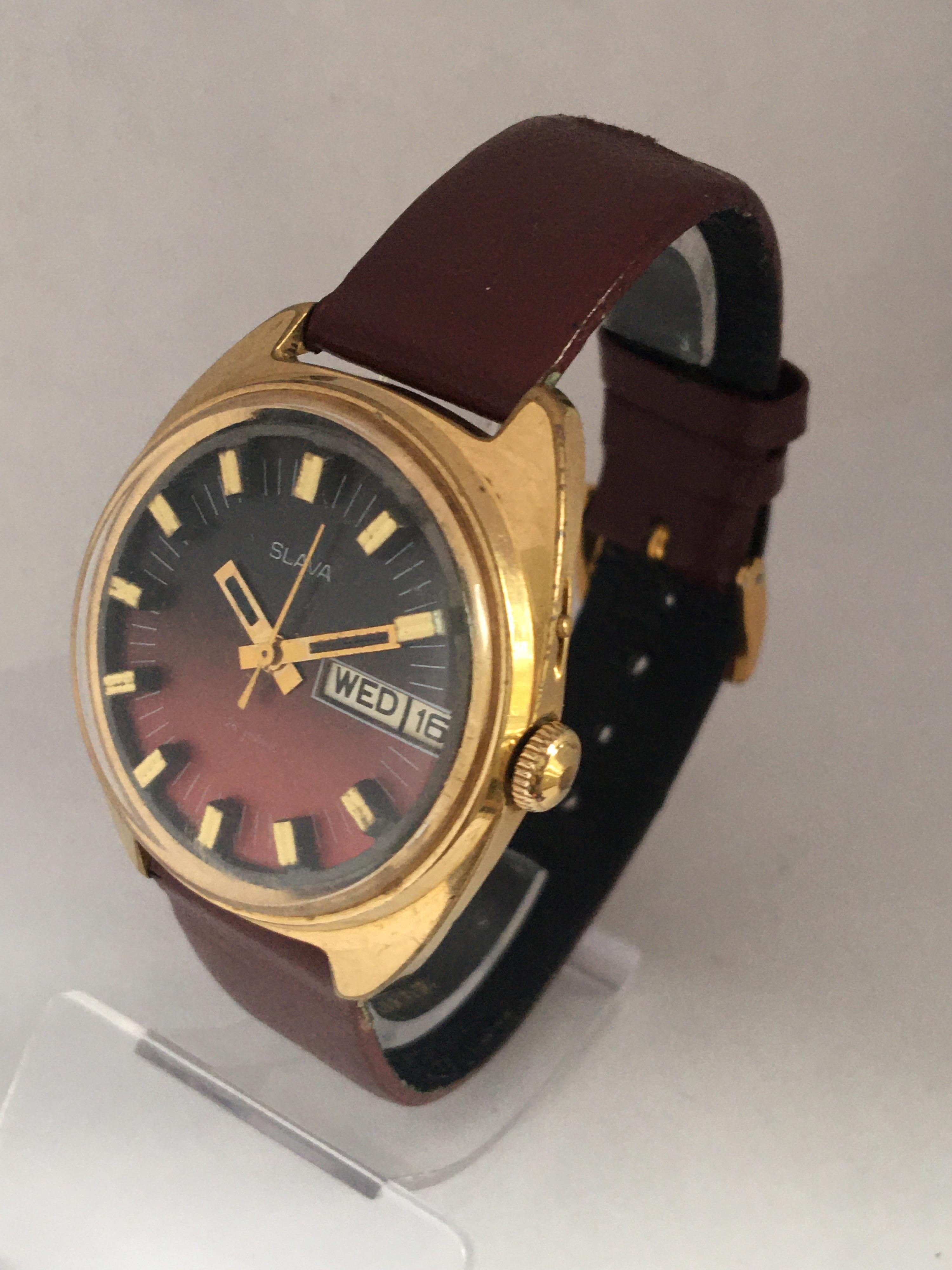 This charming pre-owned manual winding made by the USSR watch is in good working condition and it is ticking well. It is a good time keeping. Visible signs of ageing and gentle used with tiny scratches and a bit of tarnished on the gold plated watch
