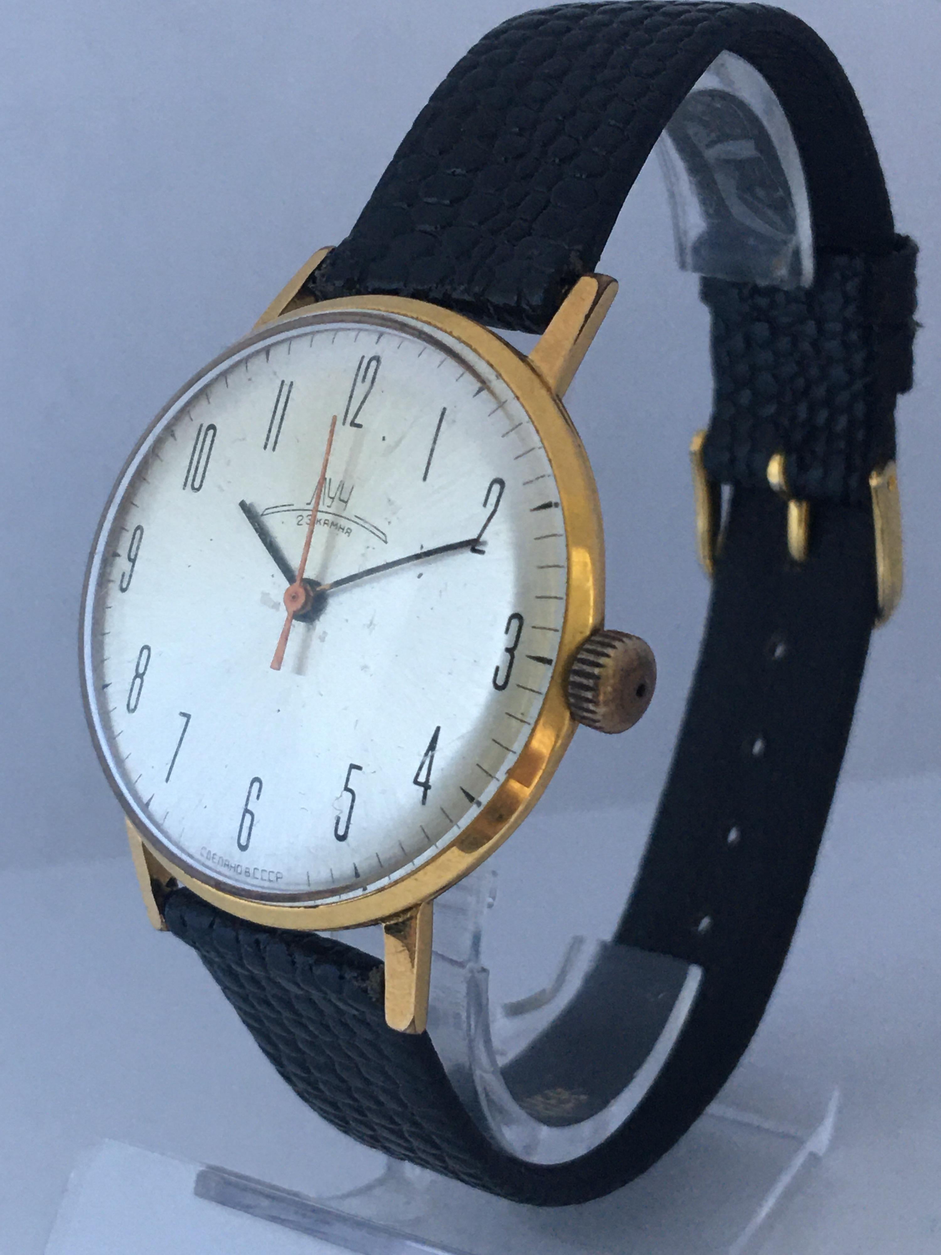 This beautiful pre-owned vintage hand winding watch is I good working condition and it is running well. Visible signs of used and has aged with the silvered has some dirt. There are some small and light scratches on the glass and on the watch case