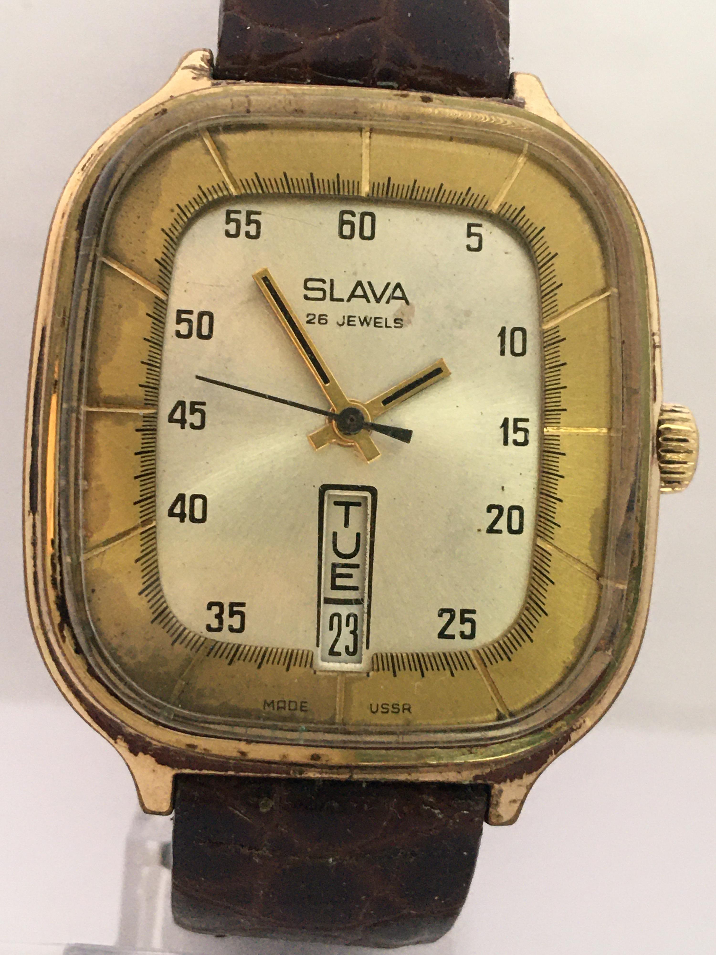 Vintage 1970s Gold-Plated Slava 26 Jewels Date Mechanical Gents Watch For Sale 5