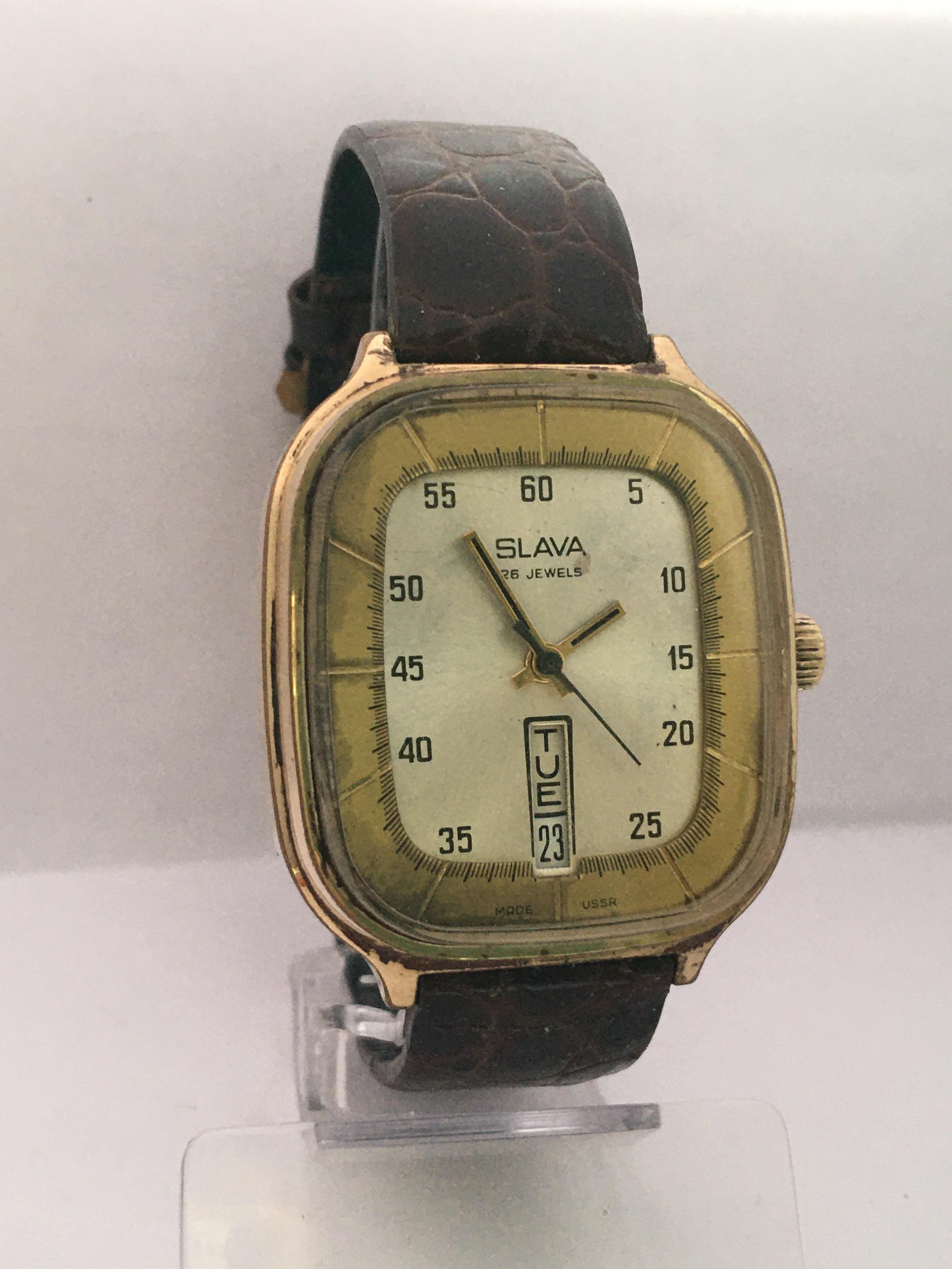 Vintage 1970s Gold-Plated Slava 26 Jewels Date Mechanical Gents Watch For Sale 7