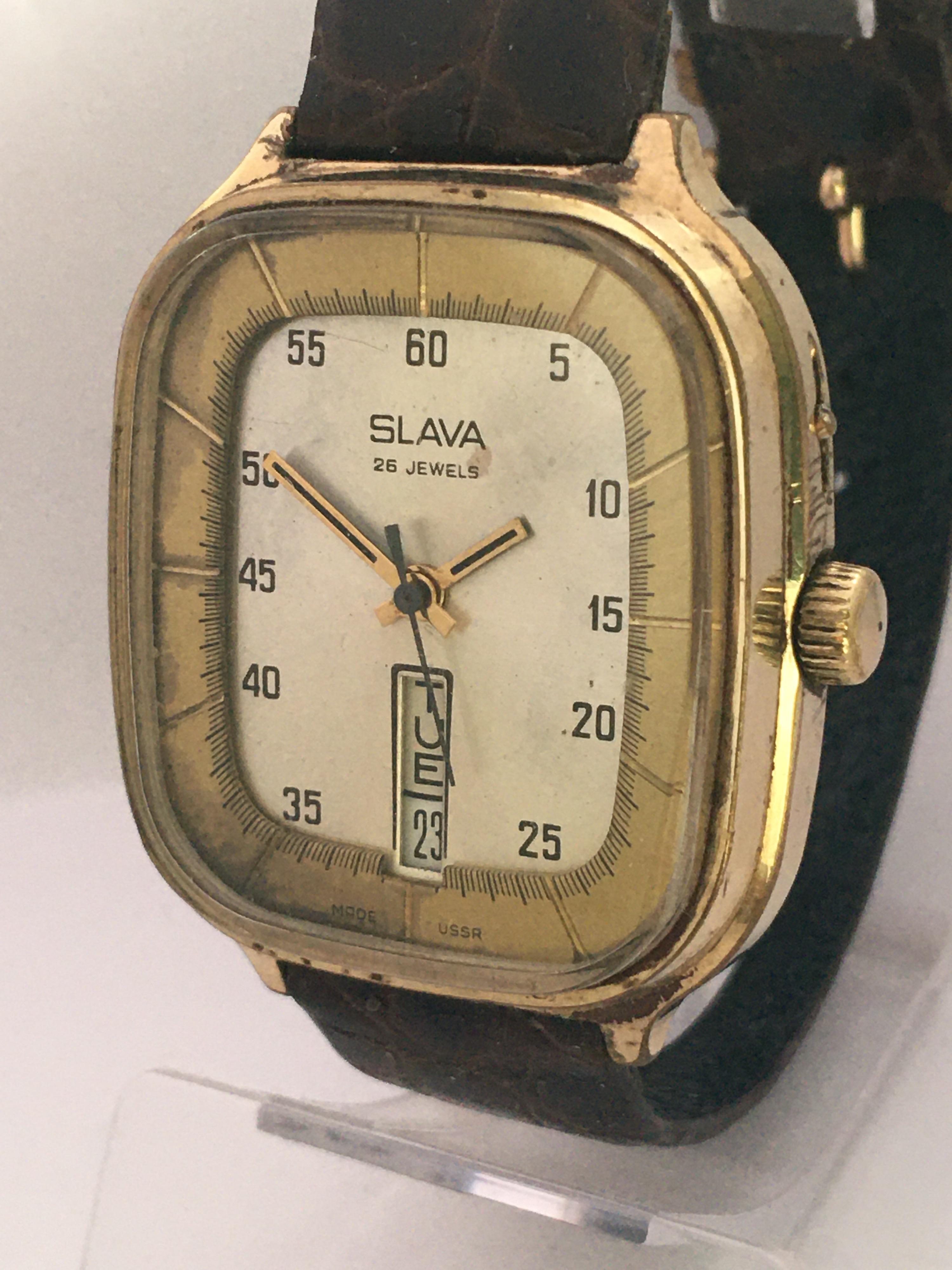 This beautiful vintage hand-winding USSR Watch in in good working condition and running well (it keeps a good time) Visible signs of ageing and wear with light marks on the watch surface. The golden and silvered dial has aged as shown. The watch