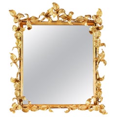1970s Vintage Gold Table Mirror with Leaf Frame and Bevelled Edge