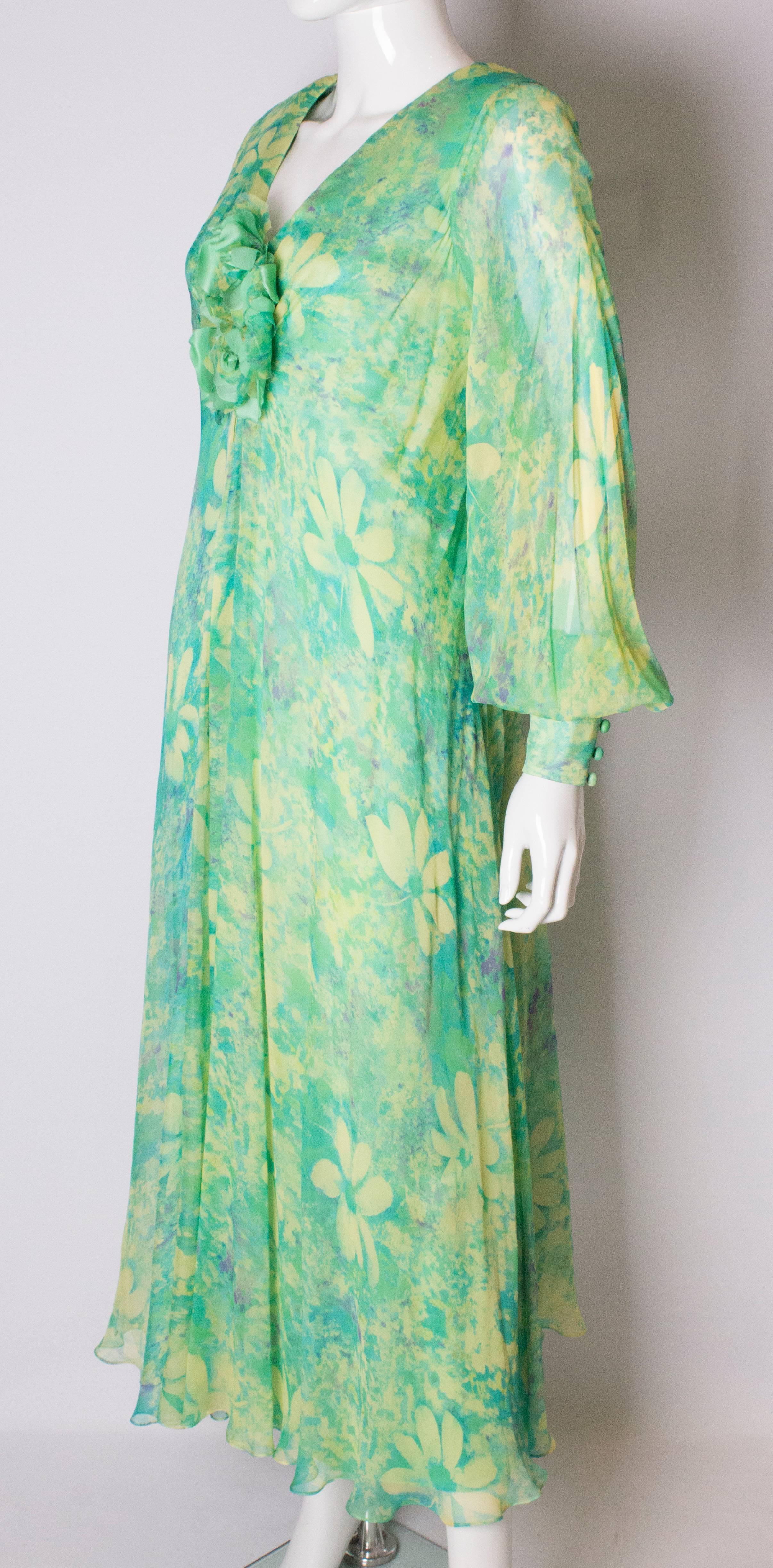 Green Vintage 1970s green floral print silk dress by Alison Rodger For Sale