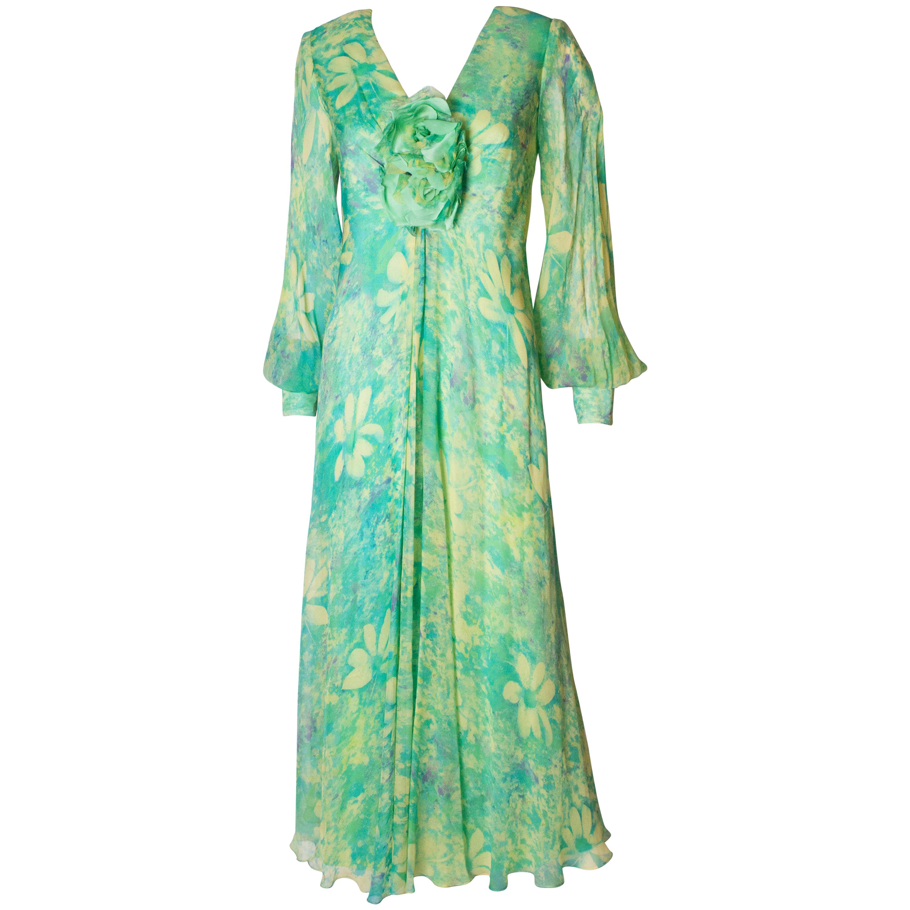 Vintage 1970s green floral print silk dress by Alison Rodger For Sale