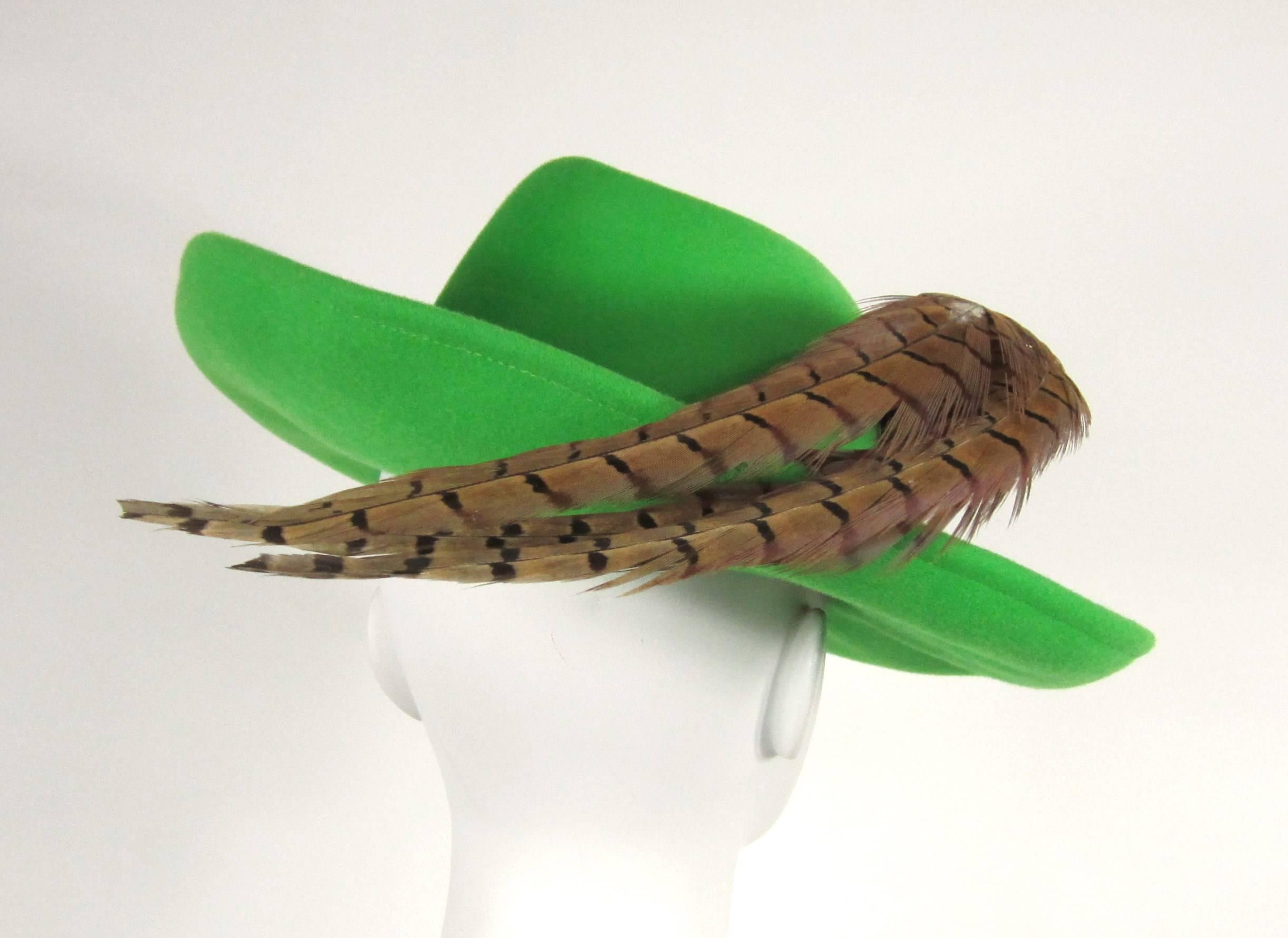 Women's Vintage 1970s Green Vintage Adolfo Feather Wide Brim Hat