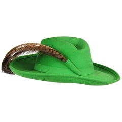 Vintage 1970s Green Vintage Adolfo Feather Wide Brim Hat