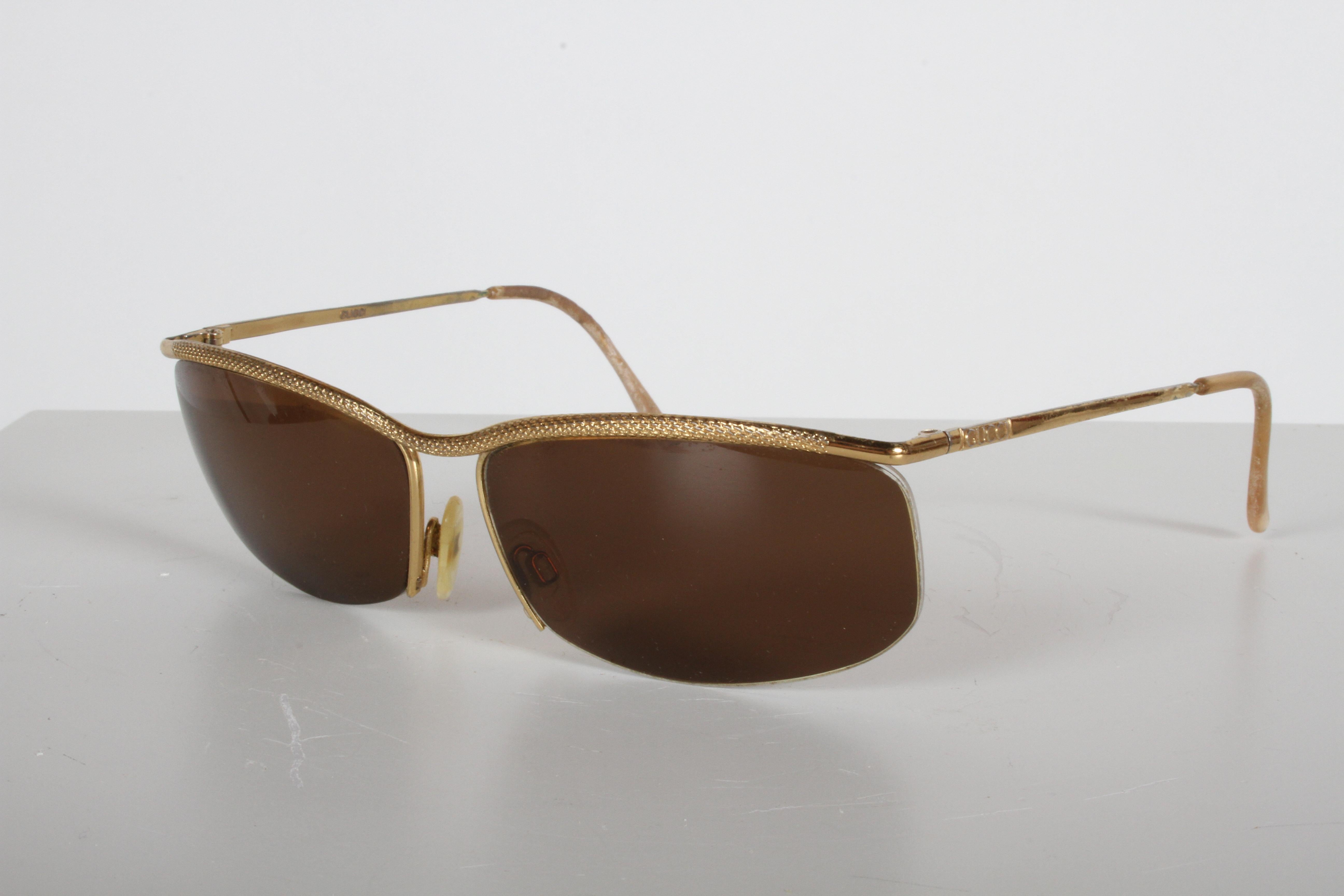 Metal Vintage 1970s Gucci 22-Karat Gold-Plated Wrap Sunglasses with Brown Lenses Italy For Sale
