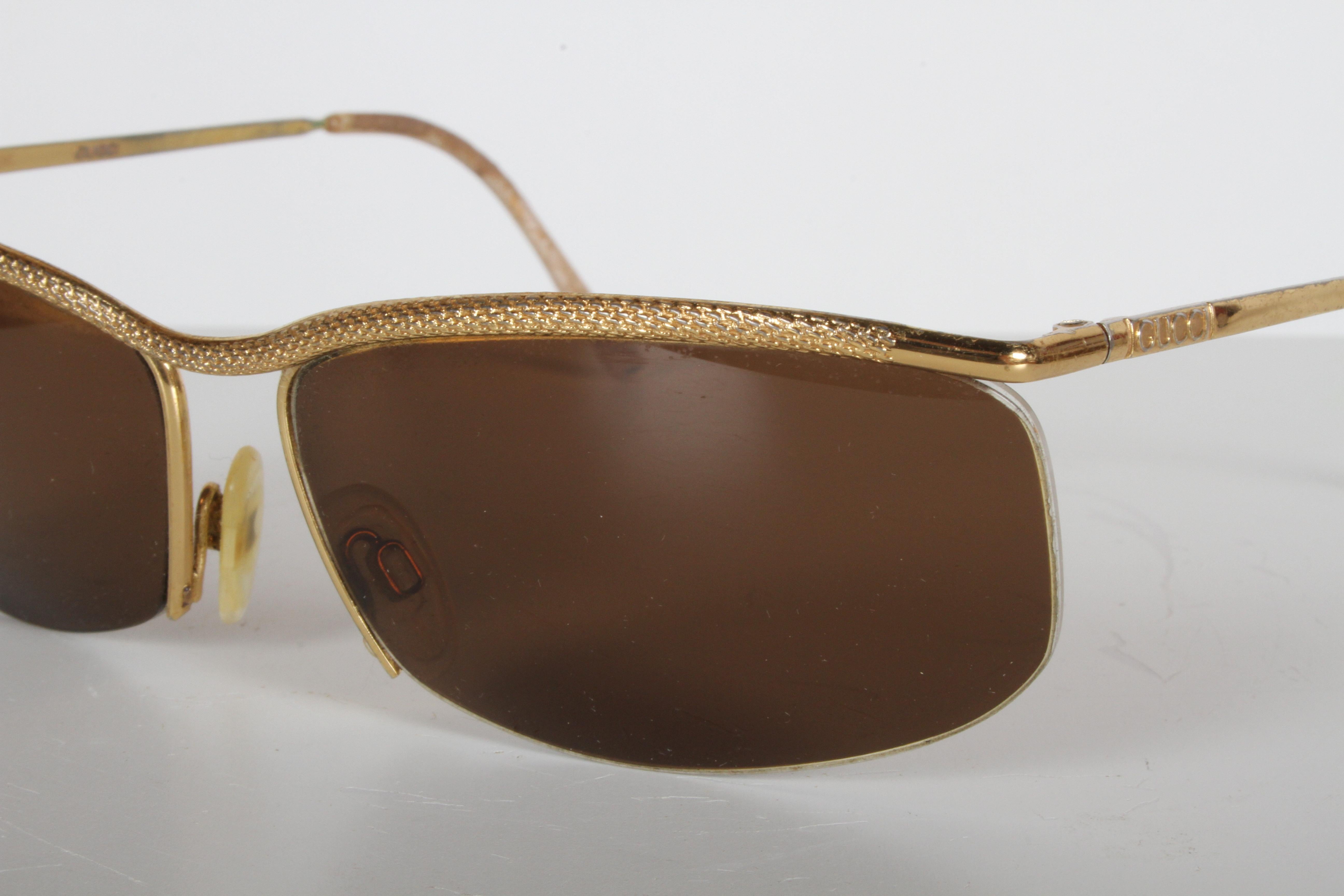 Vintage 1970s Gucci 22-Karat Gold-Plated Wrap Sunglasses with Brown Lenses Italy For Sale 1