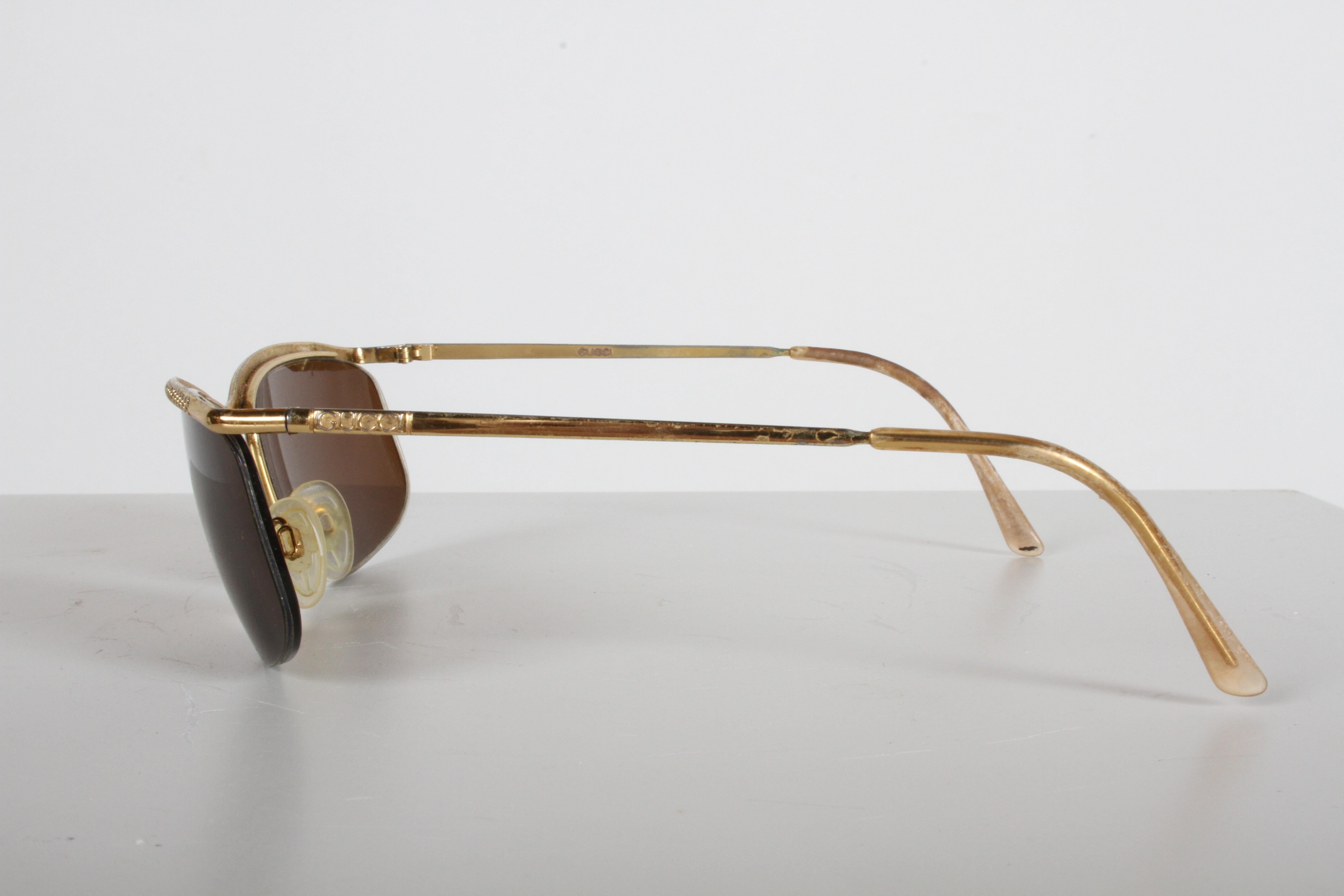 Late 20th Century Vintage 1970s Gucci 22-Karat Gold-Plated Wrap Sunglasses with Brown Lenses Italy For Sale