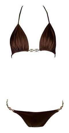 Vintage 1970's Gucci Brown Ultra Low Rise Gold G Logo Chain Bikini Swimwear