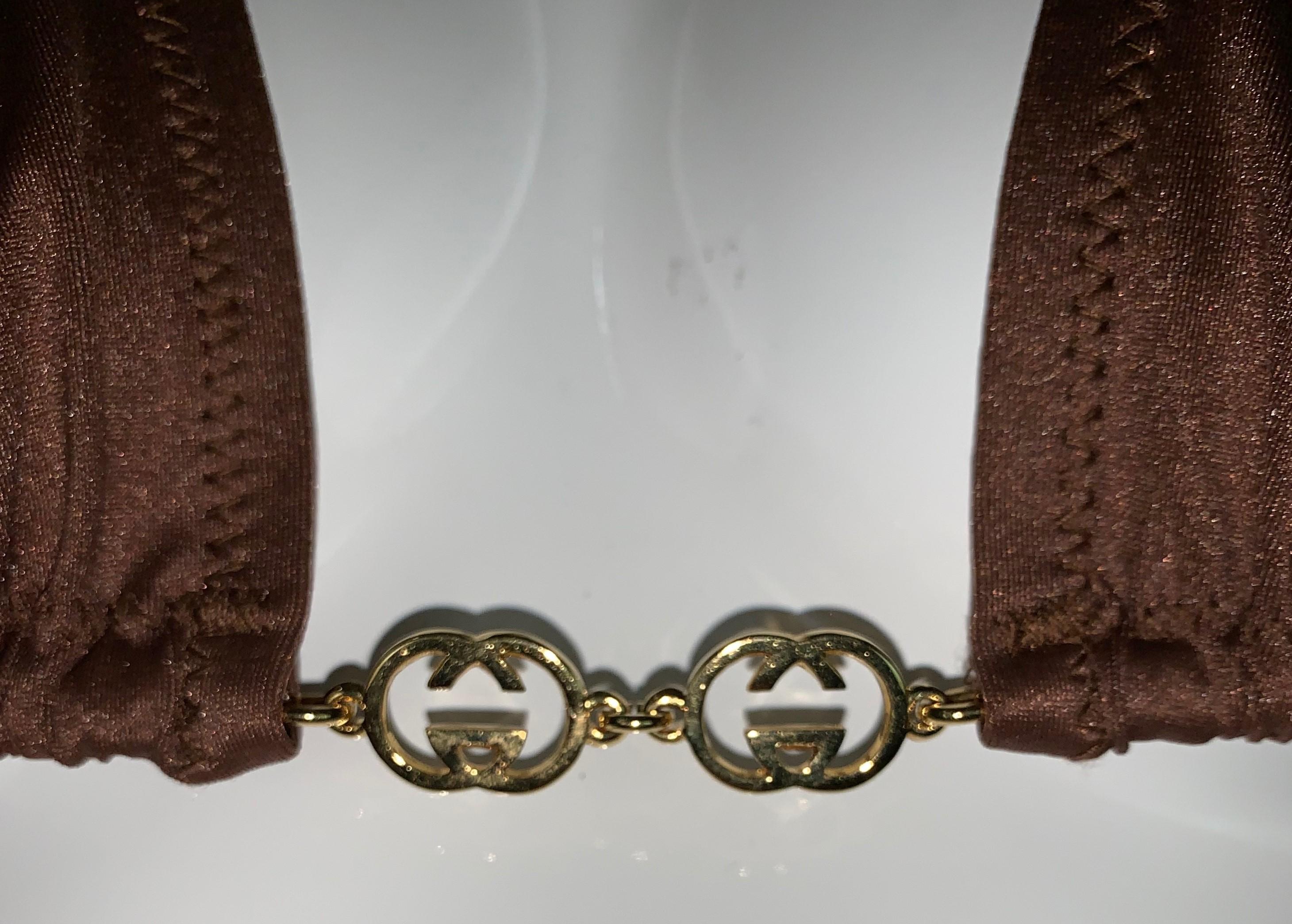 Vintage 1970's Gucci Brown Ultra Low Rise Gold G Logo Chain Bikini Swimwear In Good Condition In Yukon, OK