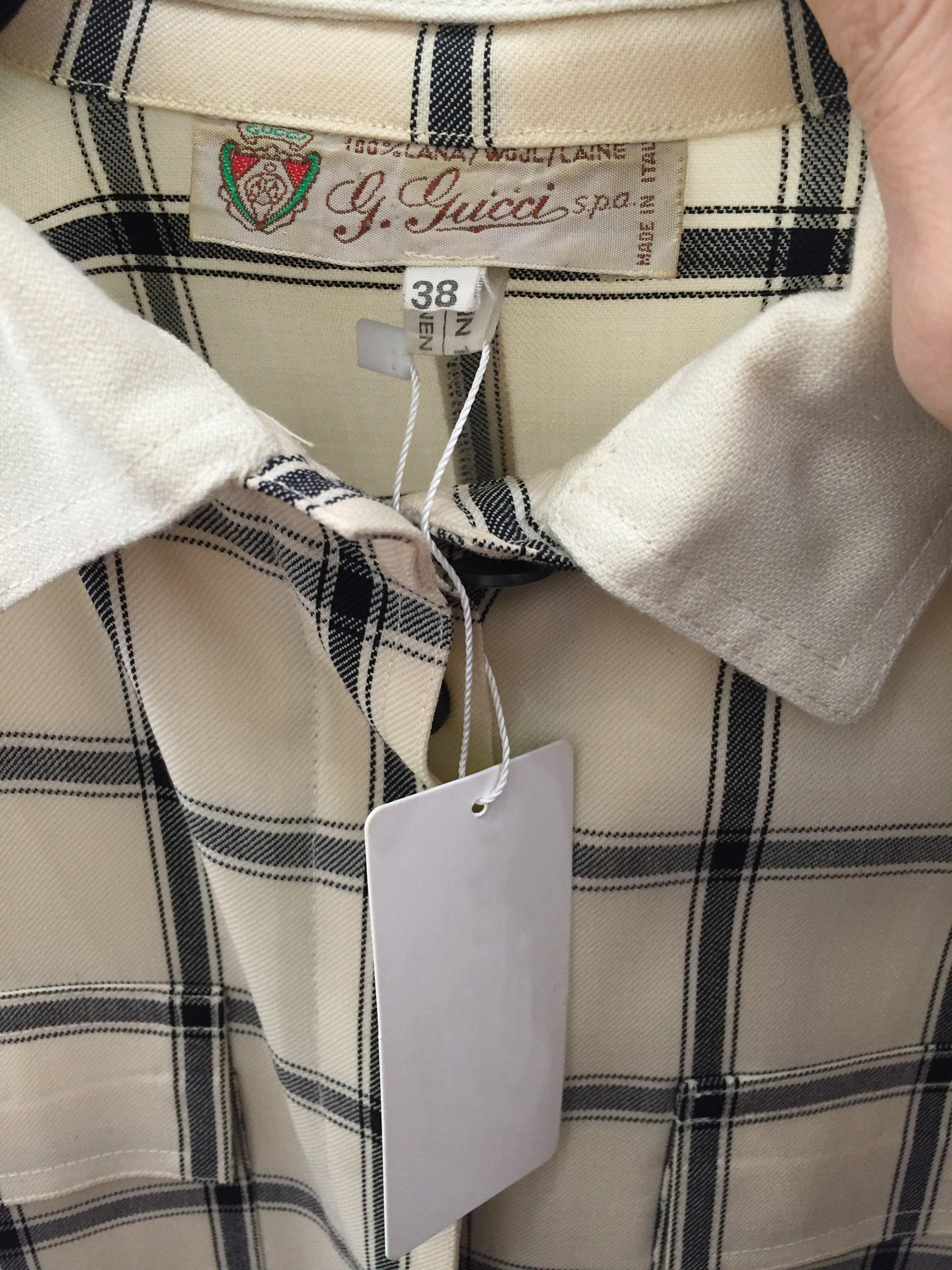 Gray Vintage 1970s GUCCI Creme and Blue Plaid Linen 70s Day Dress For Sale