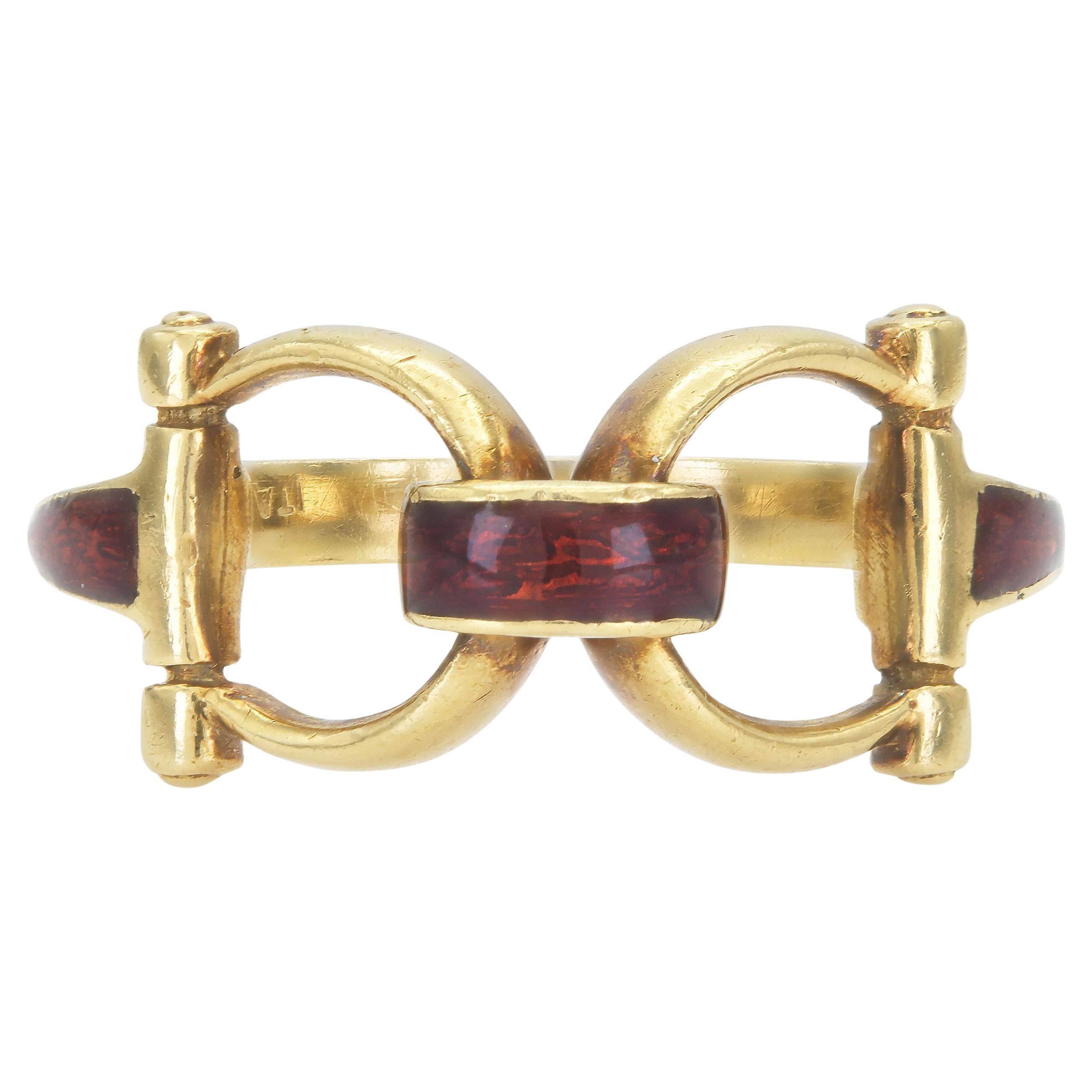 Vintage 1970s Gucci Gold and Enamel Horsebit Ring For Sale