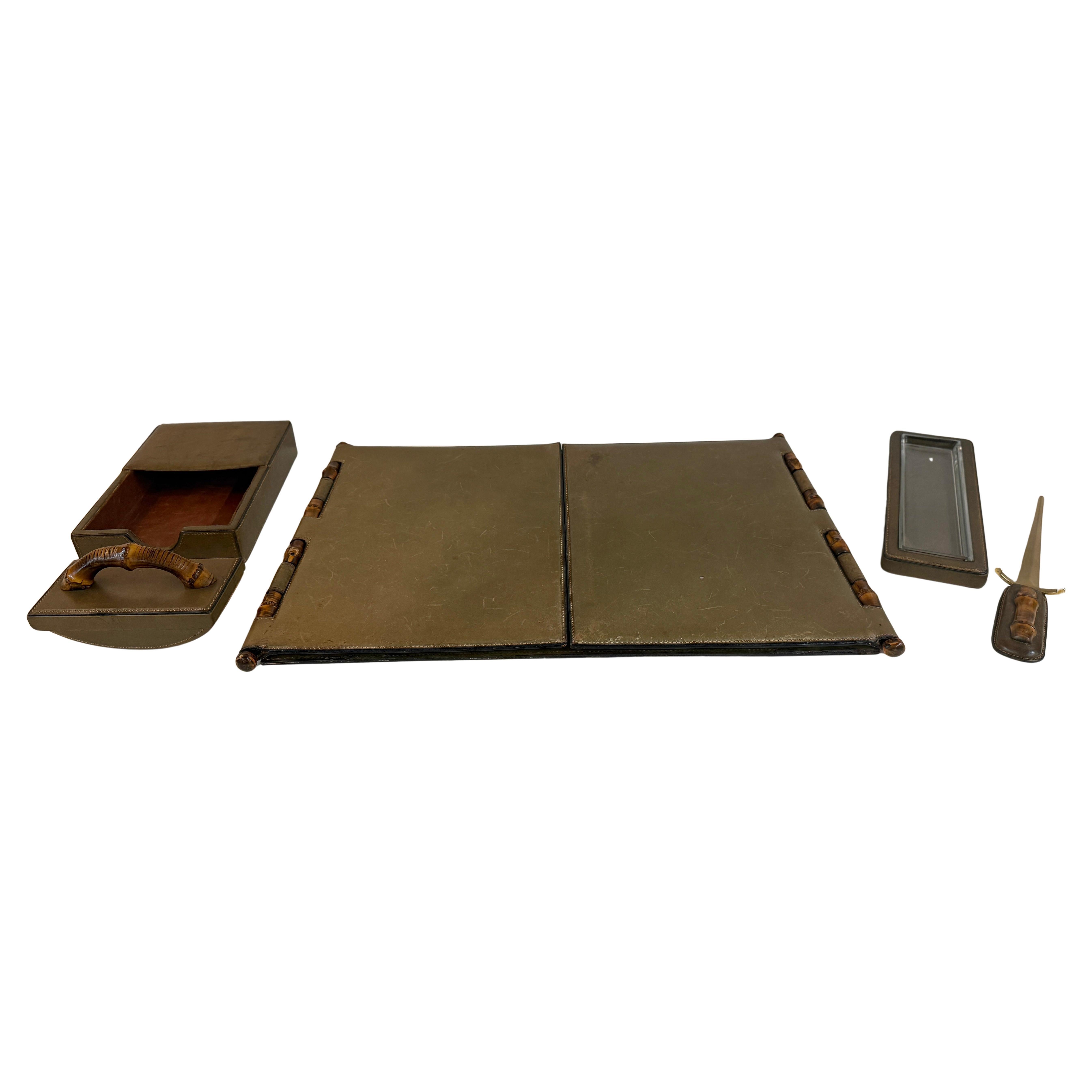 Vintage 1970’s Gucci Leather and Faux Bamboo 5 piece Desk Set