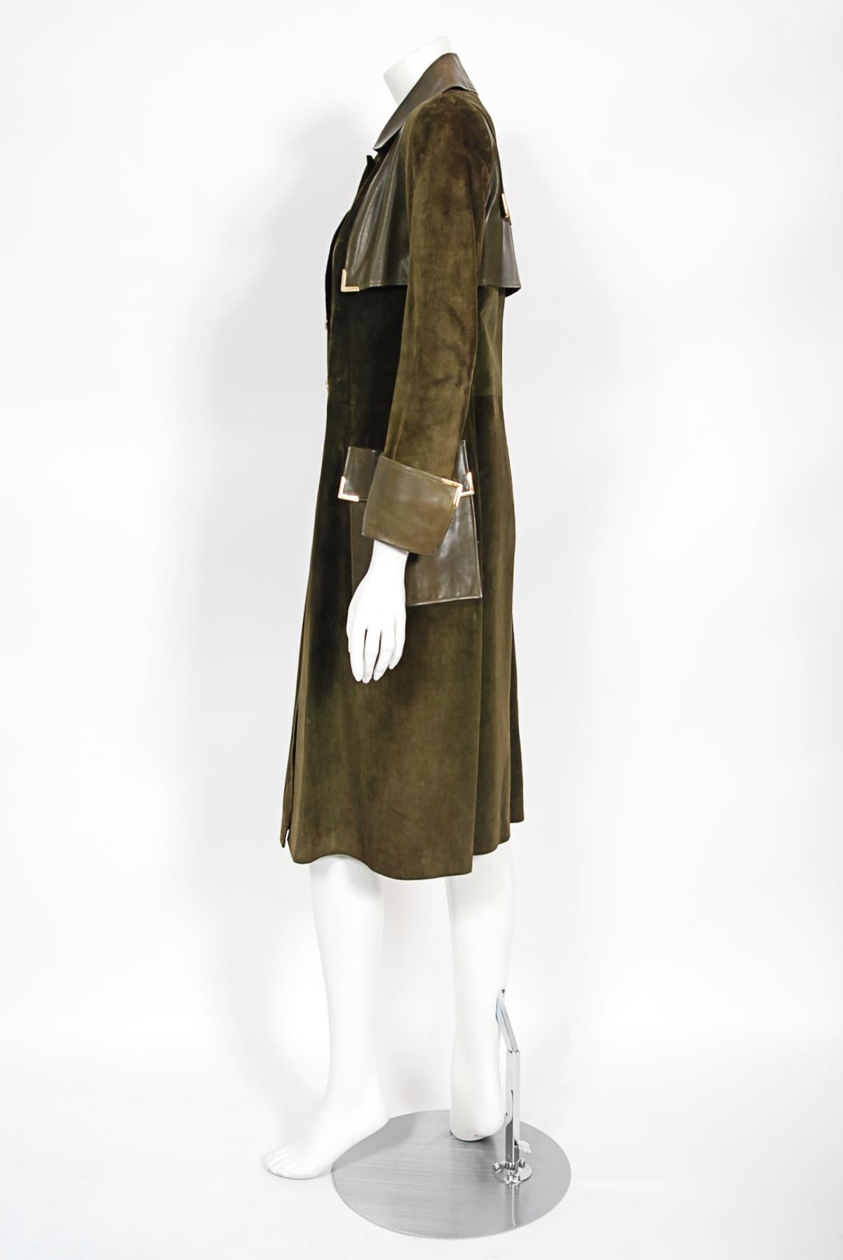 Vintage 1970's Gucci Olive-Green Leather Suede Logo Enamel Trench Coat Jacket  7