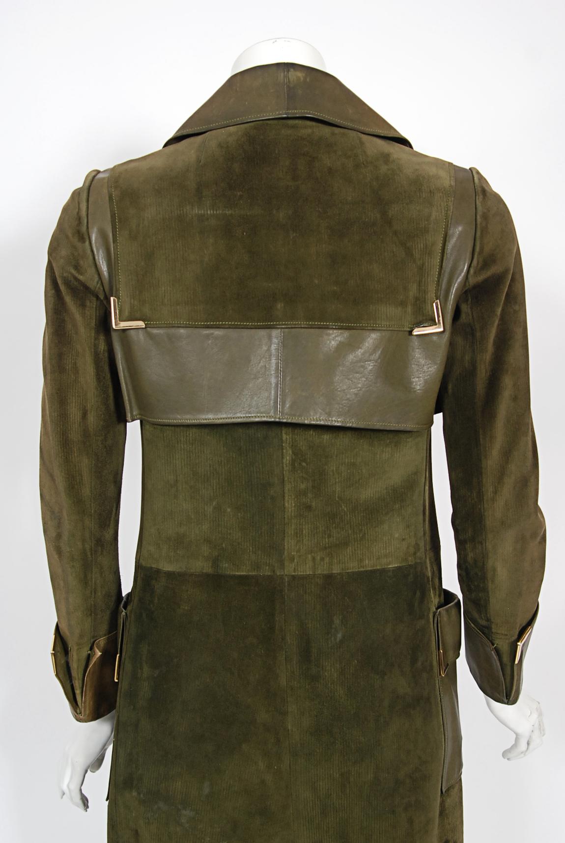 Vintage 1970's Gucci Olive-Green Leather Suede Logo Enamel Trench Coat Jacket  11