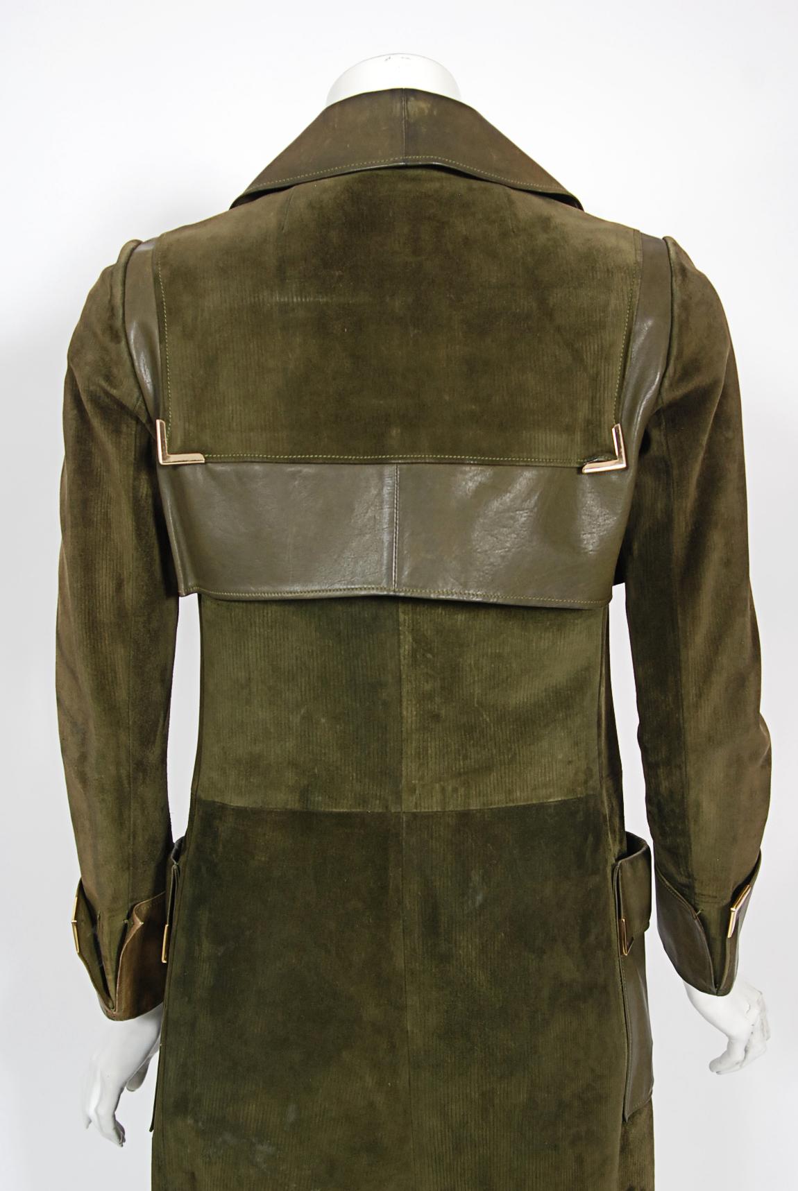 Vintage 1970's Gucci Olive-Green Leather Suede Logo Enamel Trench Coat Jacket 11
