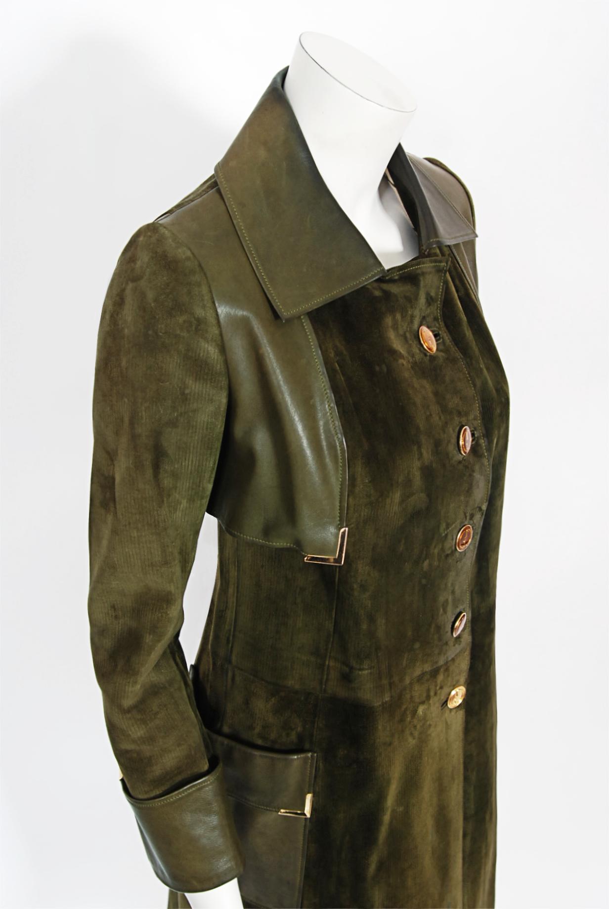 Vintage 1970's Gucci Olive-Green Leather Suede Logo Enamel Trench Coat Jacket  1