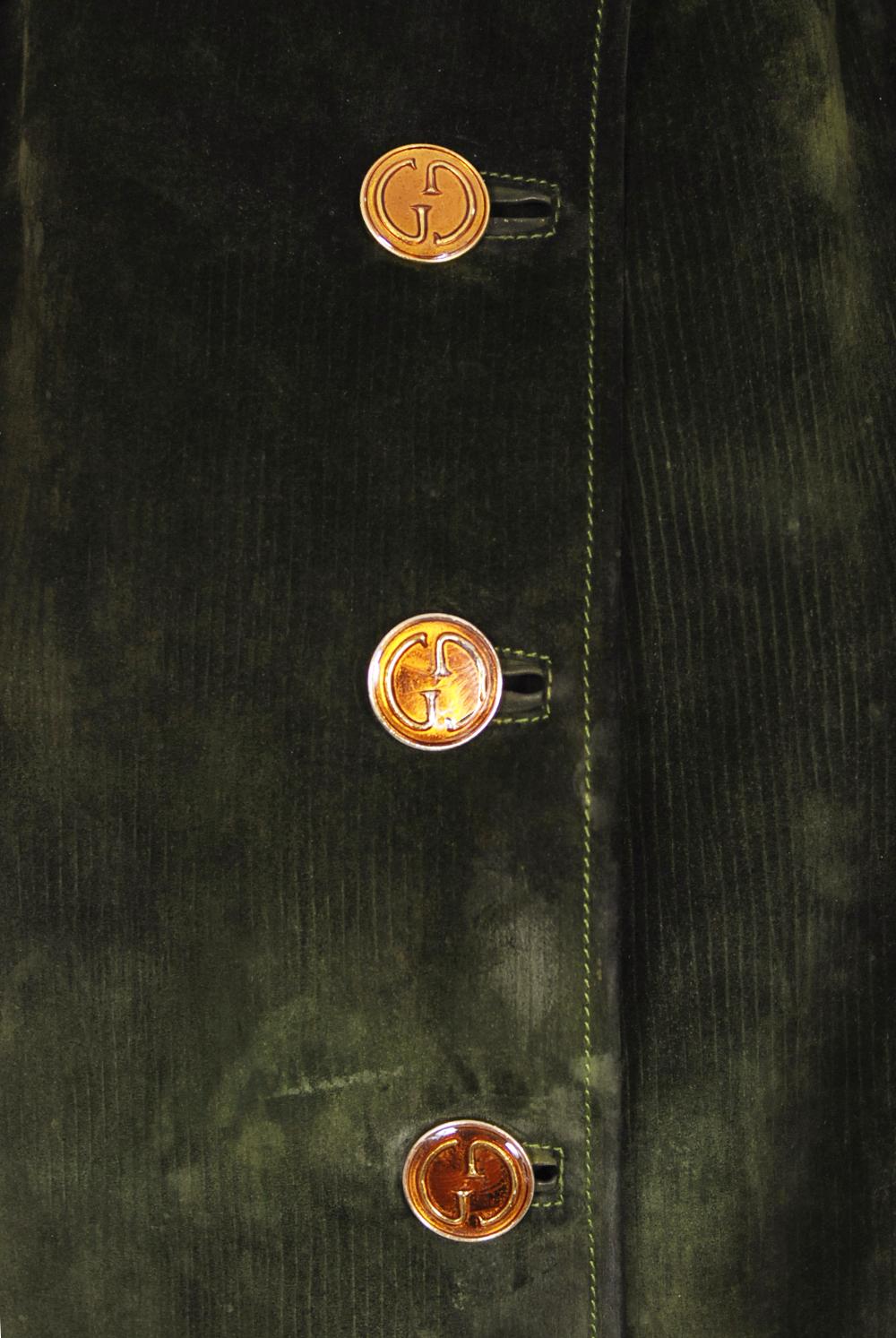 Vintage 1970's Gucci Olive-Green Leather Suede Logo Enamel Trench Coat Jacket  2