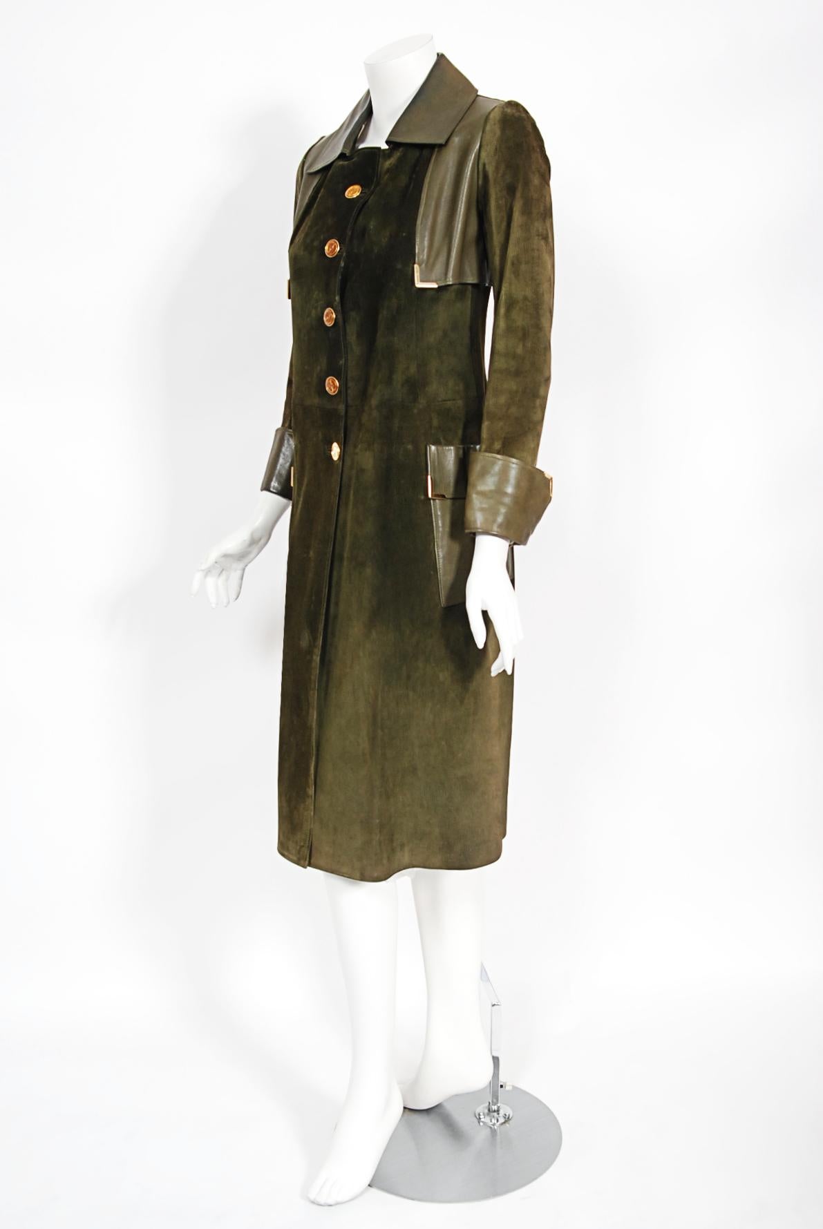 Vintage 1970's Gucci Olive-Green Leather Suede Logo Enamel Trench Coat Jacket 3