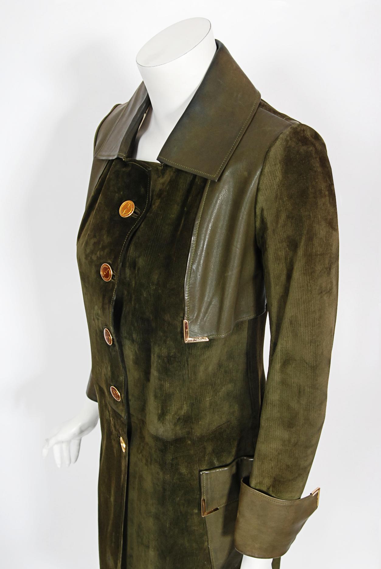 Vintage 1970's Gucci Olive-Green Leather Suede Logo Enamel Trench Coat Jacket 4
