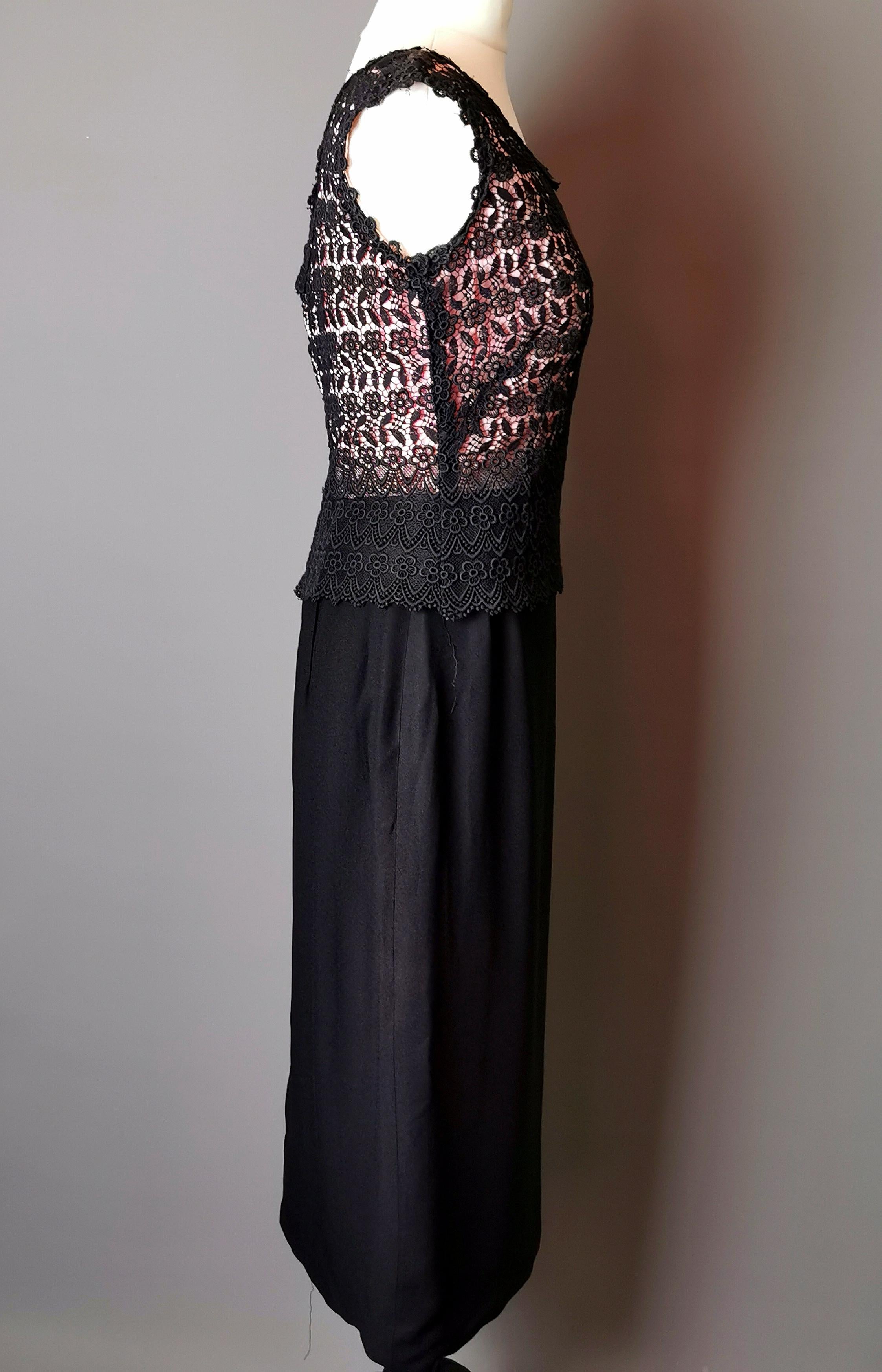 Women's Vintage 1970s Guipure lace overlay dress, Black and Pink  For Sale