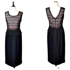 Retro 1970s Guipure lace overlay dress, Black and Pink 