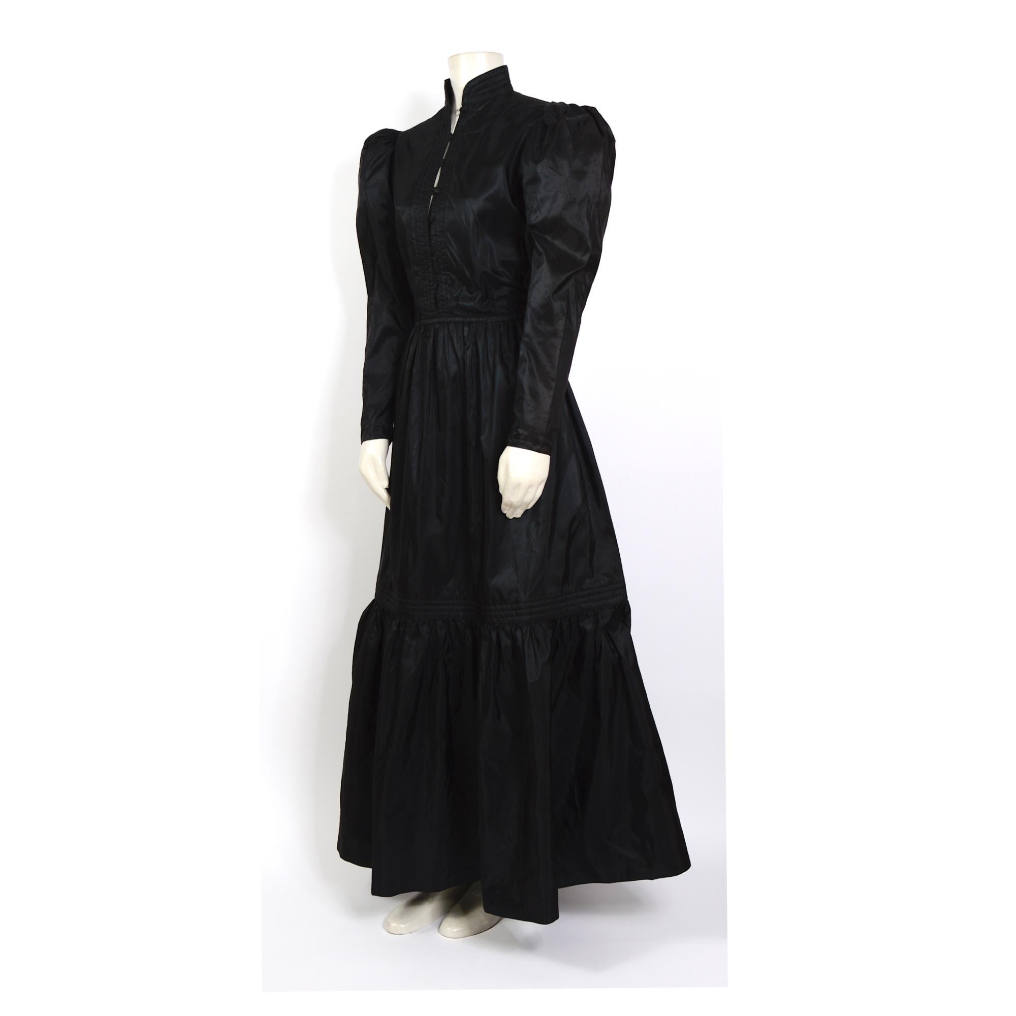 Black Vintage 1970s Guy Laroche Paris 100% silk taffeta maxi dress with matching belt  For Sale