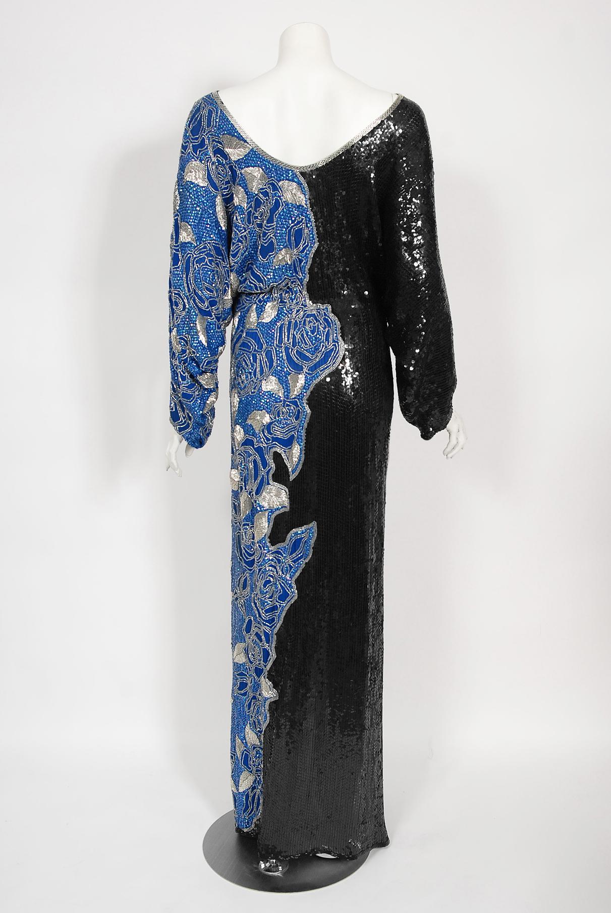 Vintage 1970s Halston Couture Beaded Sequin Black & Blue Silk Dolman-Sleeve Gown 5