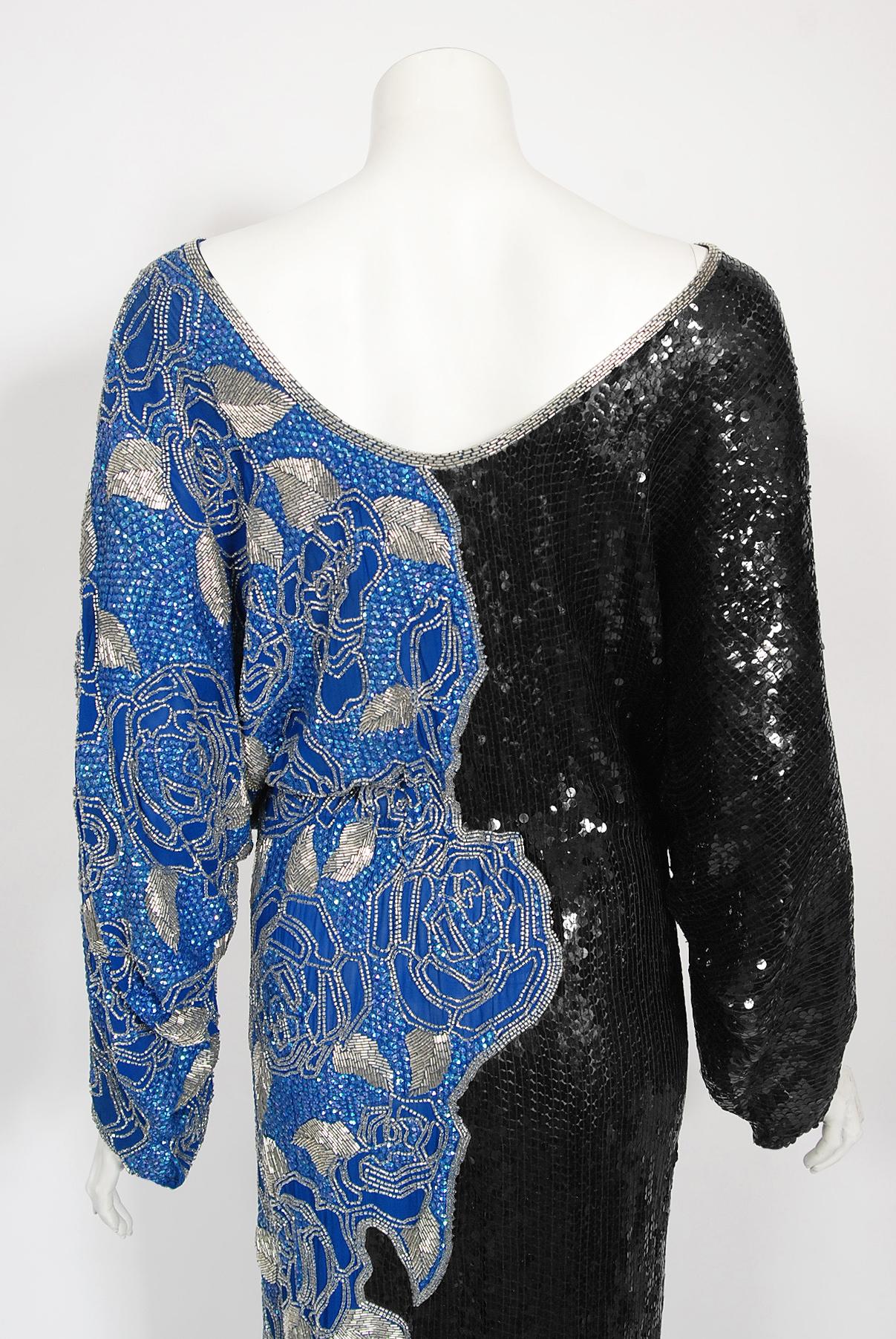Vintage 1970s Halston Couture Beaded Sequin Black & Blue Silk Dolman-Sleeve Gown 6