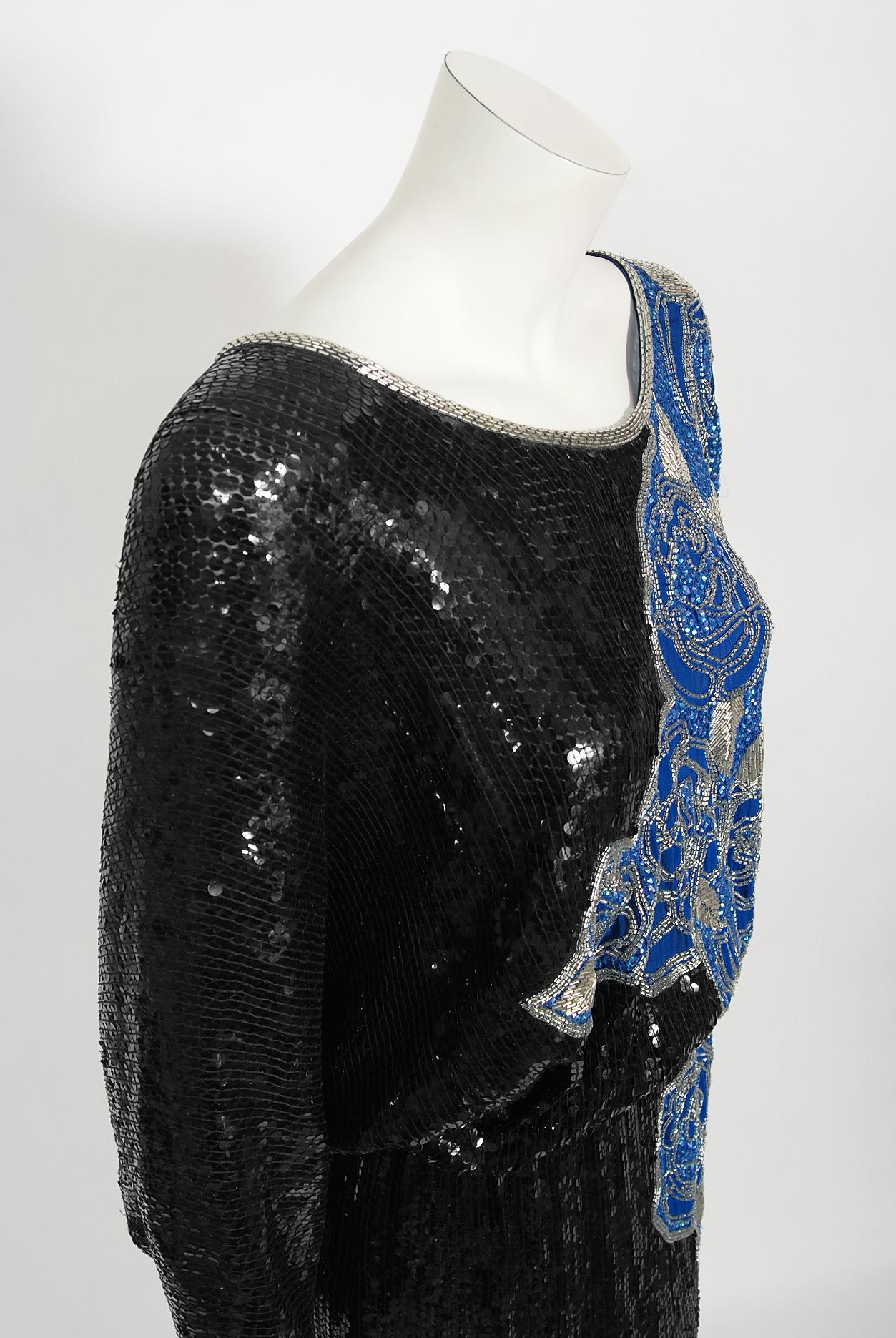 Vintage 1970s Halston Couture Beaded Sequin Black & Blue Silk Dolman-Sleeve Gown In Good Condition In Beverly Hills, CA